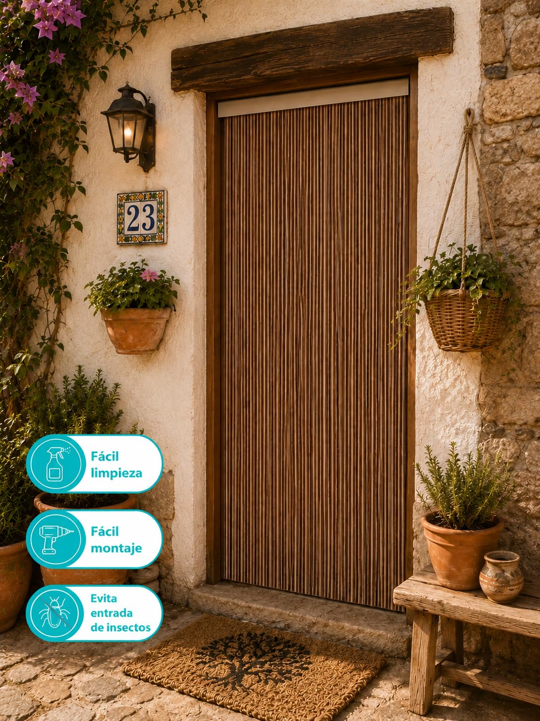 Cortina de Puerta, Exterior e Interior, 90 x 210 cm, MARRON-BEIGE, PVC y aluminio, Evita la entrada de Insectos, bichos, fácil de instalar, Fabricada en España