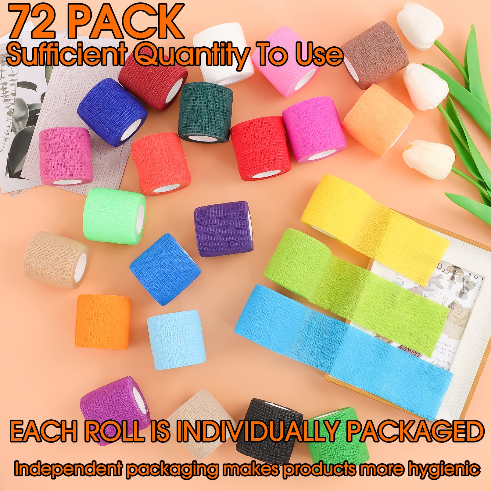 Paquete de 72 vendas autoadhesivas, vendas elásticas y cohesivas, transpirables para mascotas, vendaje elástico de 5 cm x 5 yardas, vendaje deportivo para talla M