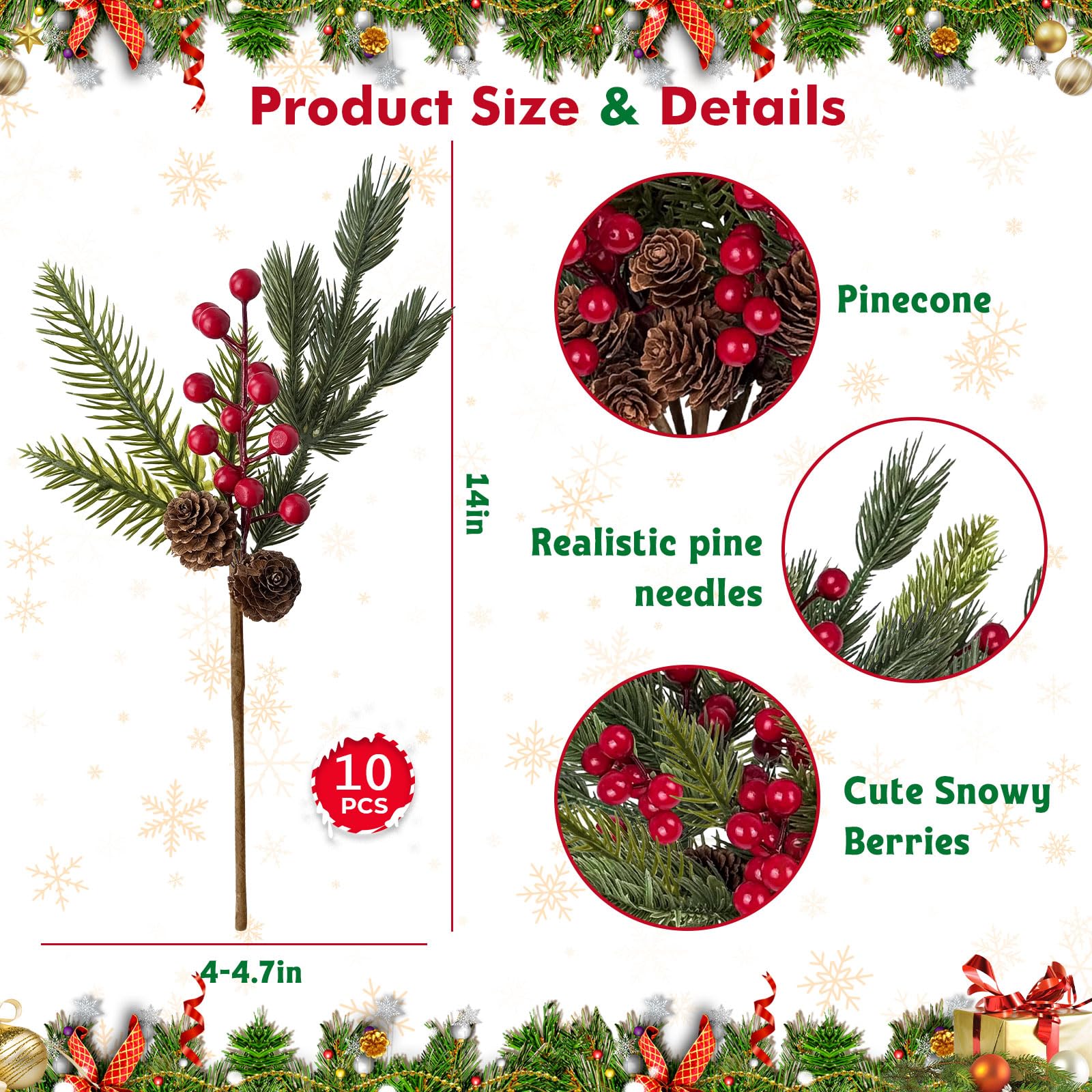 ICX Künstliche Tannenzweige mit Beeren, künstlicher Weihnachtsstiel, 10
