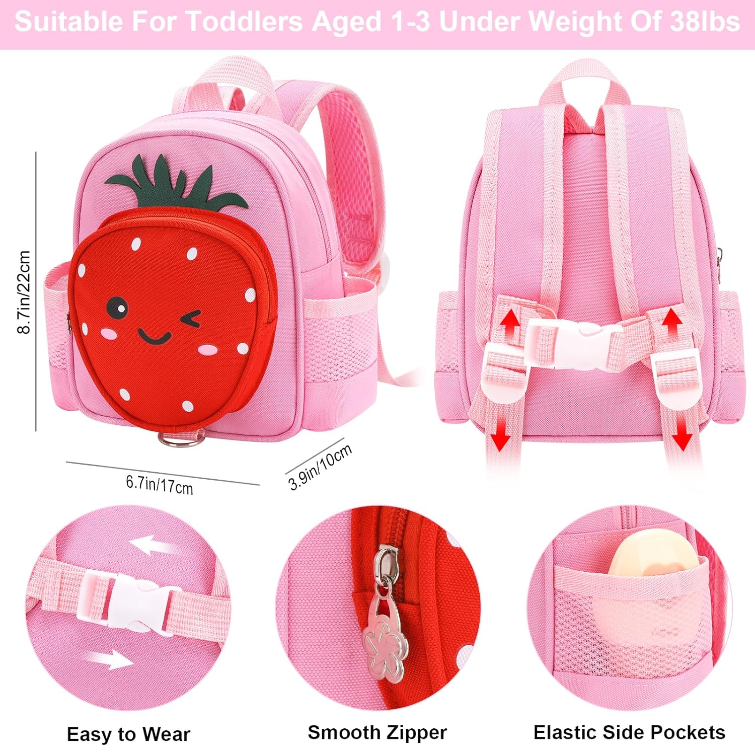 Toddler Backpack with Leash, Accmor 4 in 1 Kids Mini Backpacks with Anti Lost Wrist Link, Cute Child Harness Bag Rein for Outdoor, Strawberry Back Pack Rope Tether for Baby Girls Aged 1-3 Years (Pink) - Image 2