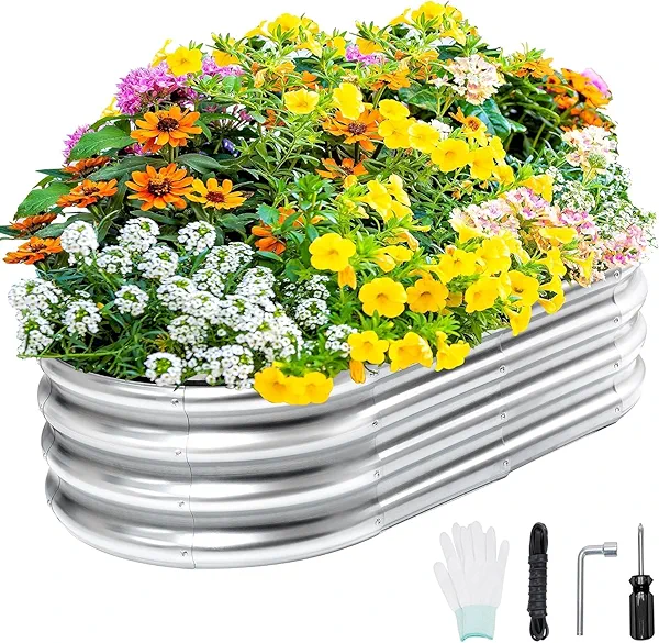 Galvanized Raised Garden Bed Outdoor, 4x2x1ft Large Planter Raised Bed Kit with Safety Edging and Gloves, Stainless Metal Raised Planter Box for Gardening Vegetables Herb Fruits Flowers