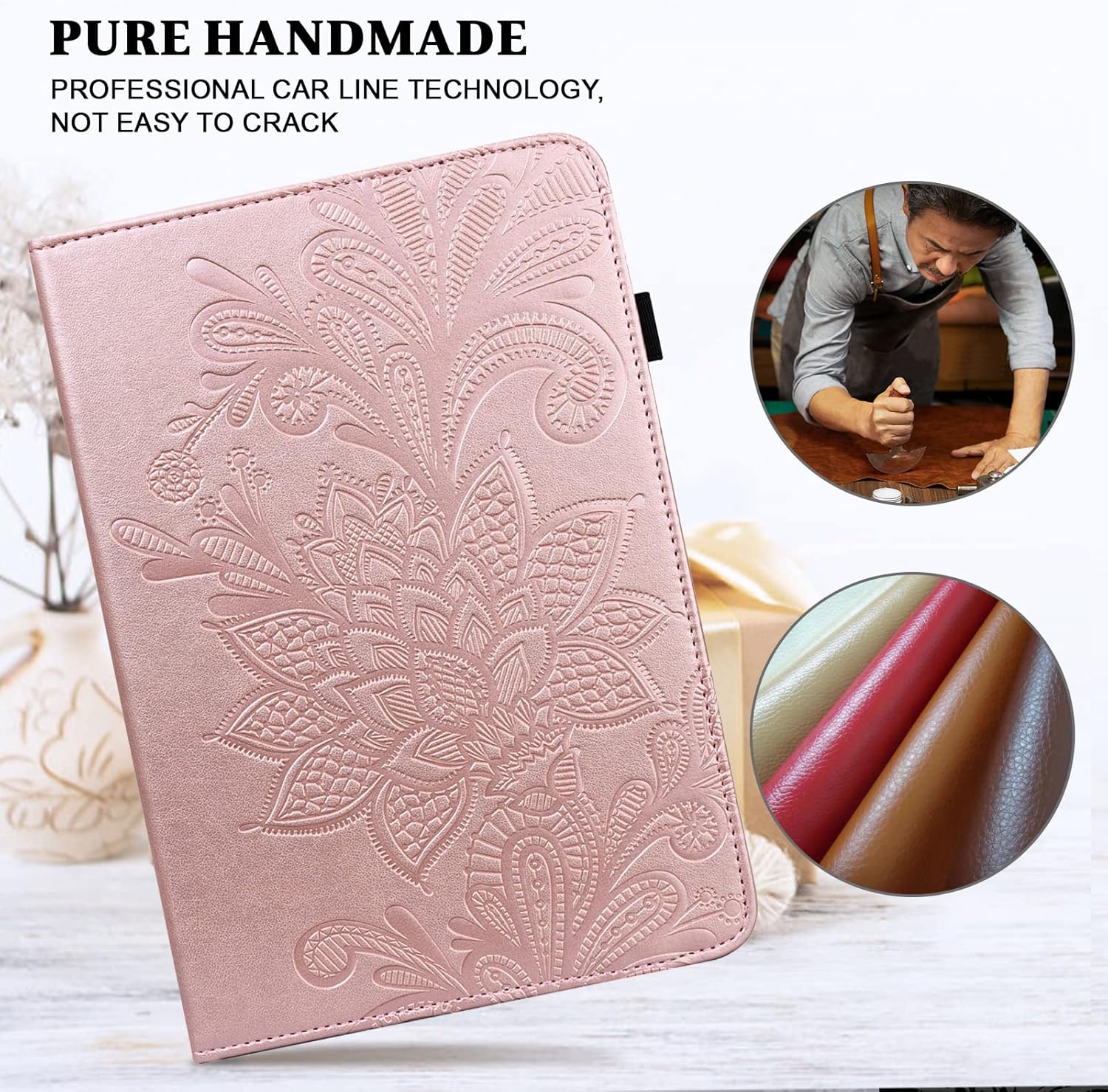 Case for Samsung Galaxy Tab S10 Lite/S10 FE/ S9 FE 10.9 inch/Galaxy Tab S9 11 Inch, PU Leather Lace Floral Protective Cover with Card Slots - Golden
