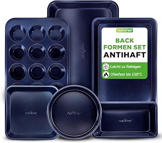 NutriChef Backformen-Set Blau – Backblech, Auflaufform, Muffin Backform, Brotbackform, Antihaft Karbonstahl Ofenfest bis 230 °C, Spülmaschinenfest, Stapelbar – Eckig & Rundes Backset, PFOA-frei