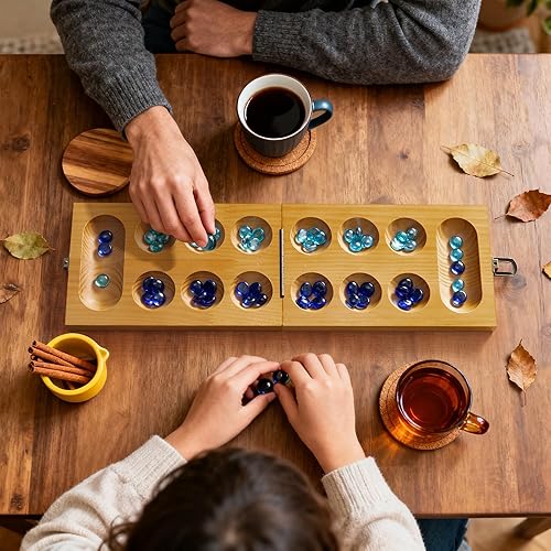 Miniatura 5 de BOPIPA Mancala - Juego de mesa  Diseño plegable de madera con pestillo de bloqueo, 56 piedras de cristal coloridas, juego de estrategia de mesa
