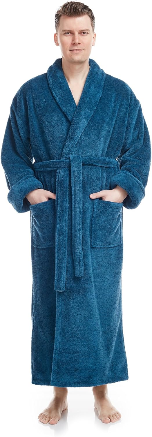 Arus Men's Shawl Collar Full Length Tall Long Fleece Robe, Turkish Bathrobe: Clothing