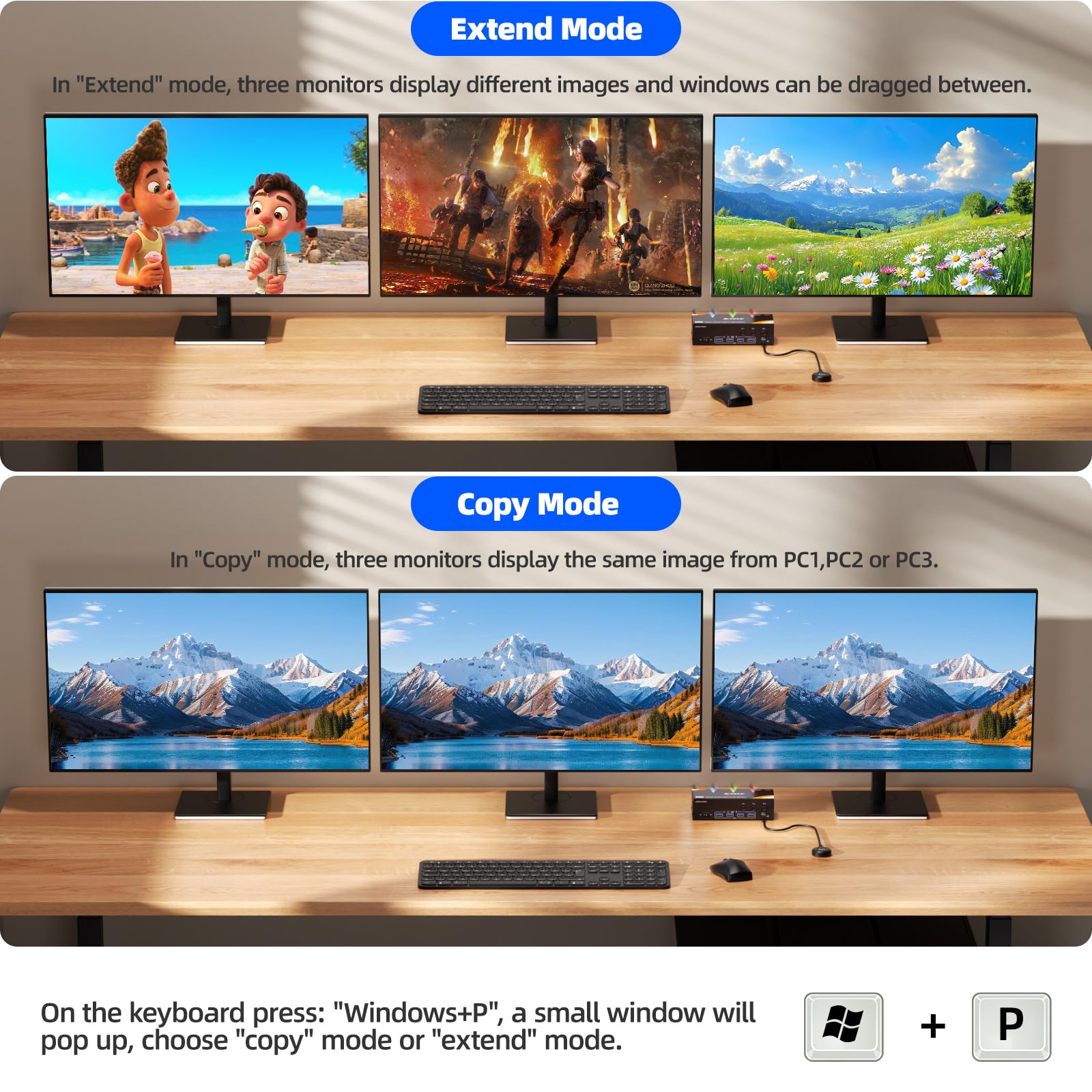 8K@60Hz KVM Switch 3 PCs 3 Monitore, 4K@120Hz HDMI DisplayPort KVM Switch drei Monitore, inklusive Netzteil, kabelgebundener Fernbedienung und USB 3.0-Kabel