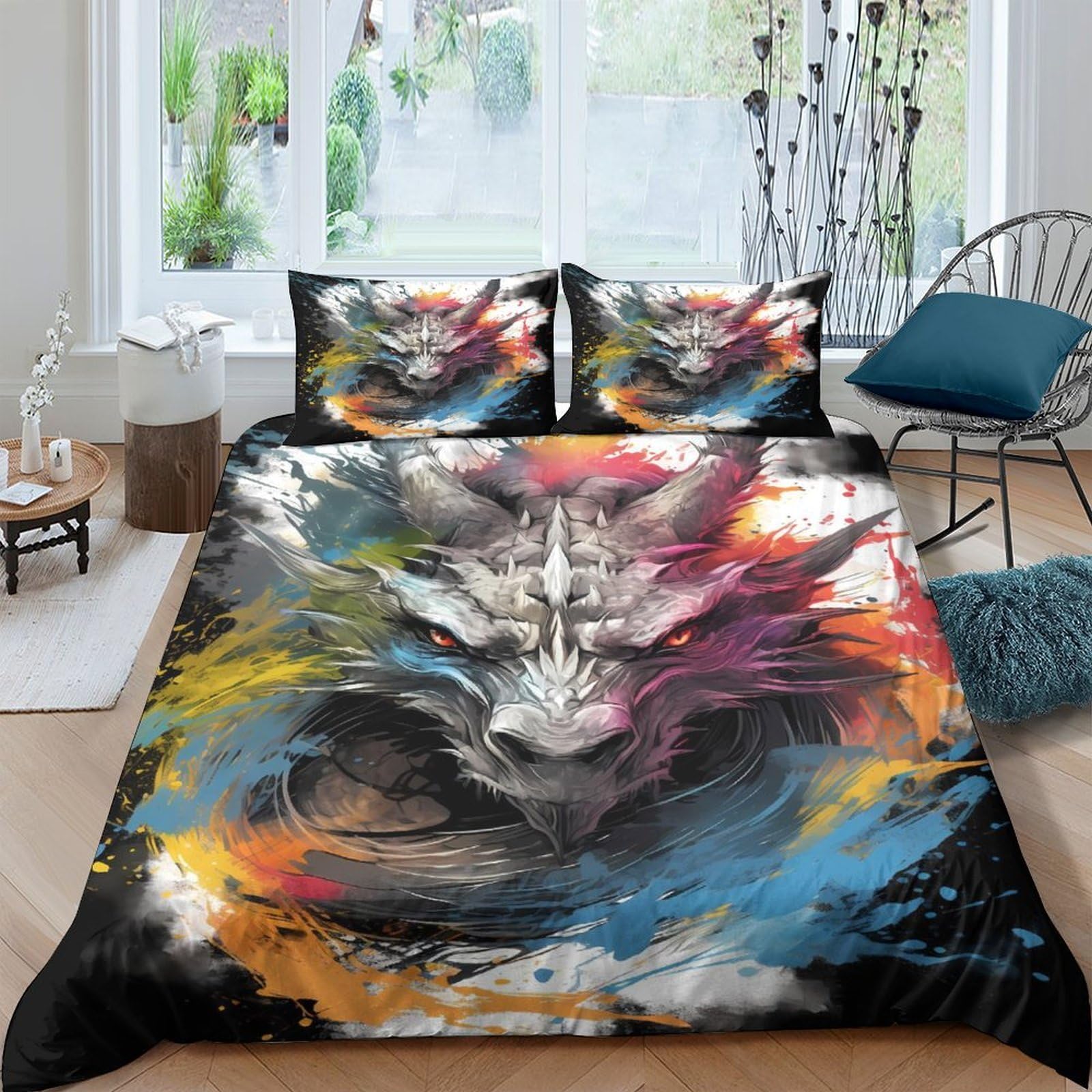Ctjqhvkz Style-5 3D Printed Wolf Art Fitted Sheet Microfiber Colourful Smoke Bed Cover For Bedroom Guest Room Mattress Decor Single（135X200cm）
