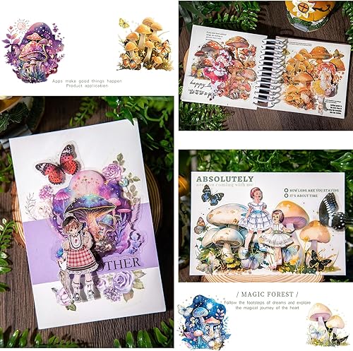 Miniatura 6 de Yoksas 60 calcomanías vintage de hongos del bosque de fantasía, calcomanías holográficas transparentes impermeables para diario de balas basura,
