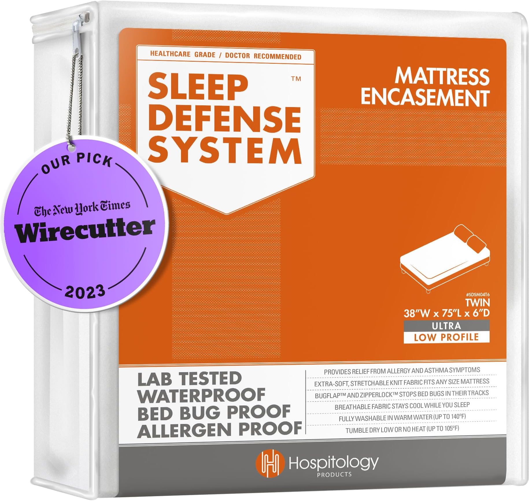 HOSPITOLOGY Zippered Mattress Encasement - Sleep Defense System - Twin - Waterproof - Stretchable - Ultra Low Profile 6" Depth - 38" W x 75" L