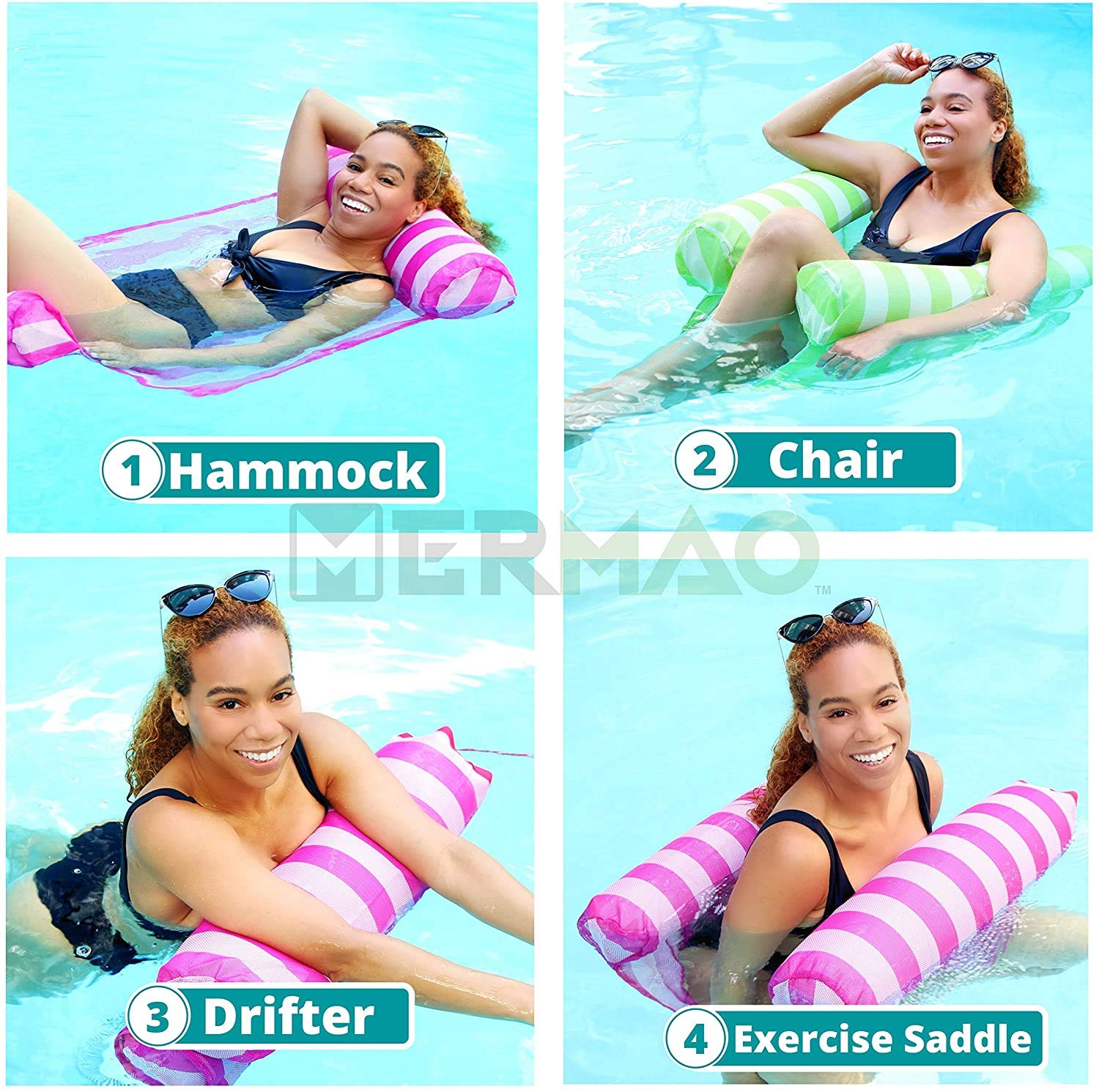 MERMAO 2-Pack 4-in-1 Hammock Inflatable Pool Float, Multi-Purpose Pool Hammock (Saddle, Chair, Hammock, Drifter)Pool Chair, Portable Water Hammock, Float for Adults, Fun for River,Lake,Beach(Blue/Red)