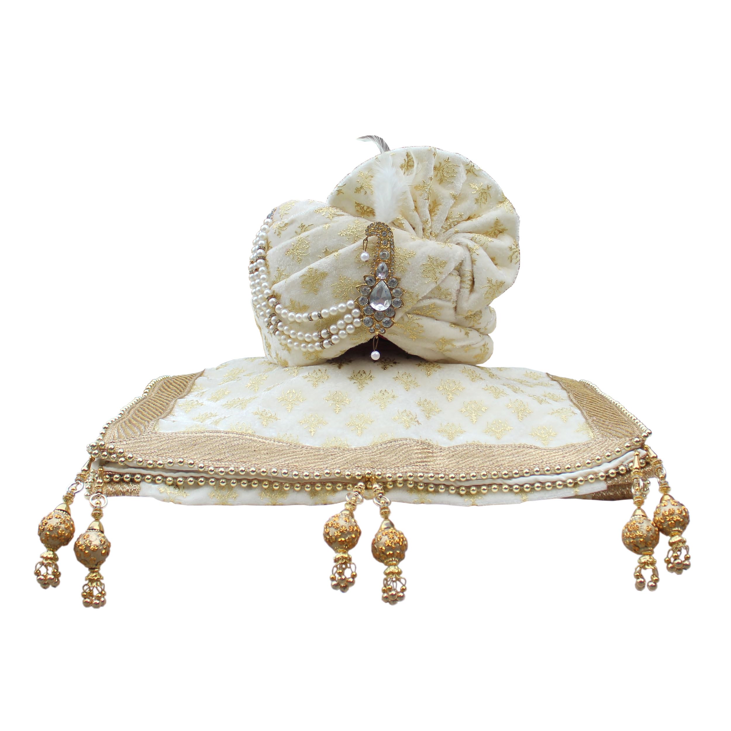 Groom's Safa Stole Set, Traditional Dulha Safa Pagri with Stole/Dupatta, Off-white Colour (Pagdi Size: 22 to 22.5 Inch)
