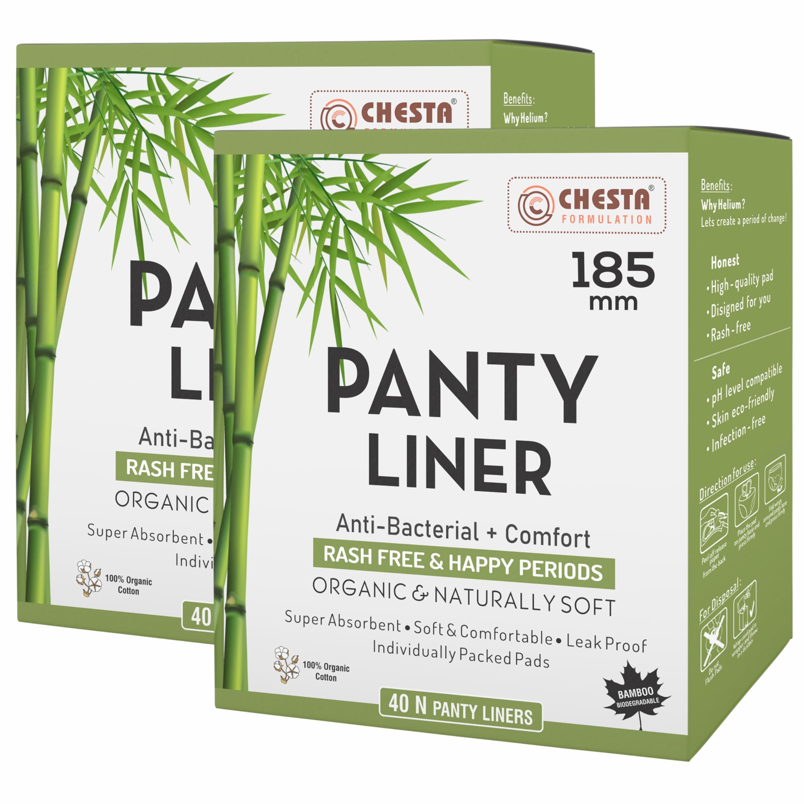CHESTA FORMULATION Anti Bacterial+Comfort Panty Liners For Women 100% Cotton Organic And Soft Curvy Design For Best Comfort With Ultra Soakage And LeakProof Size-180mm [2 Box- Pack Of 40]