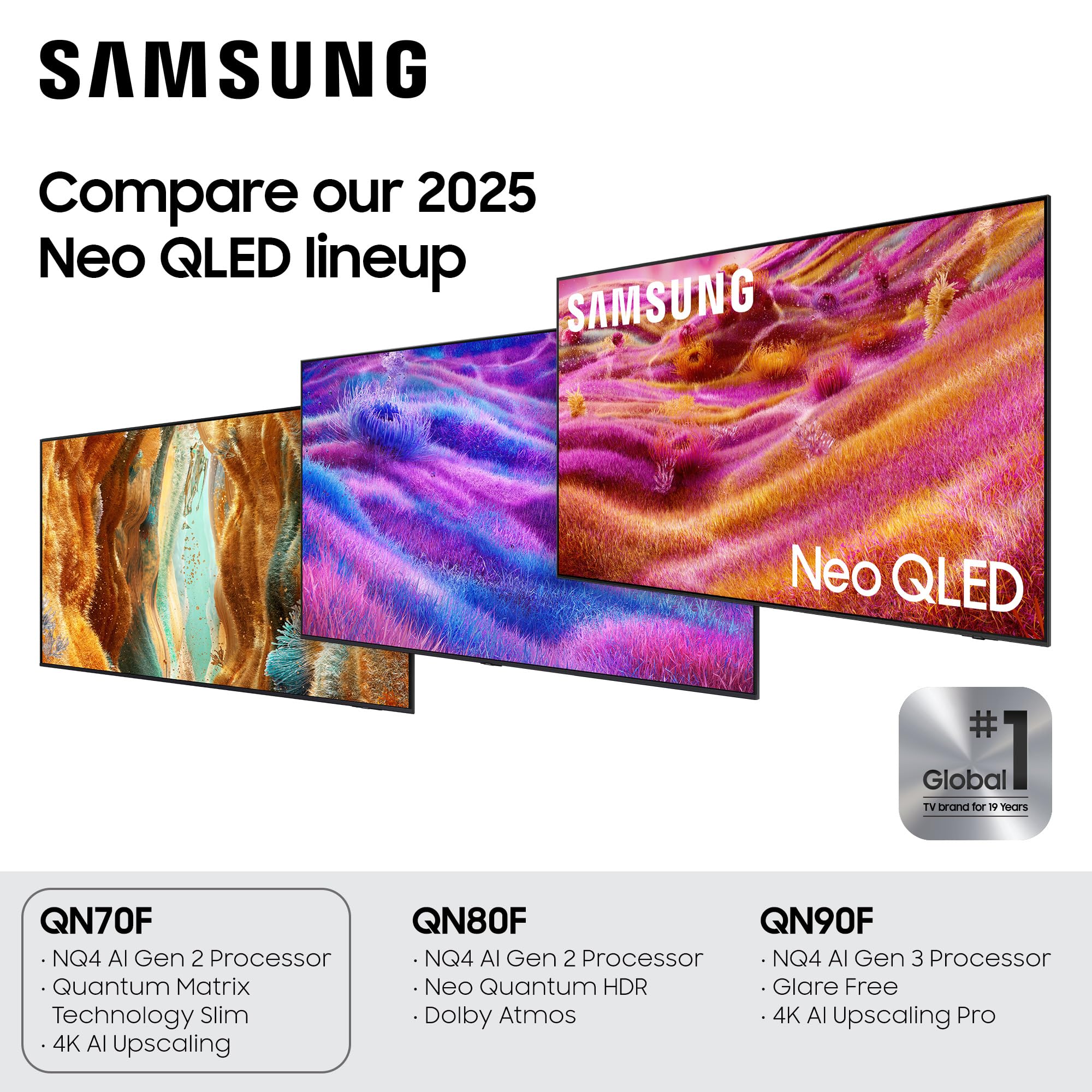 Samsung 55-Inch Class Neo QLED QN70F 4K Mini LED Smart TV (2025 Model) NQ4 AI Gen2 Processor, Quantum Matrix Technology Slim, Motion Xcelerator 144Hz, Samsung Vision AI, Alexa Built-in