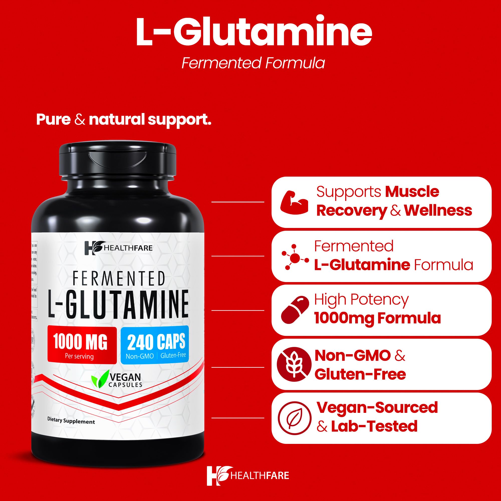 HealthFare L Glutamine 1000mg | 240 Vegan Capsules | Extra Strength Amino Acid Supplement | Supports Digestive Balance, Nutrient Absorption & Muscle Recovery | Non-GMO, Gluten-Free | Made in USA — Amazon image 2