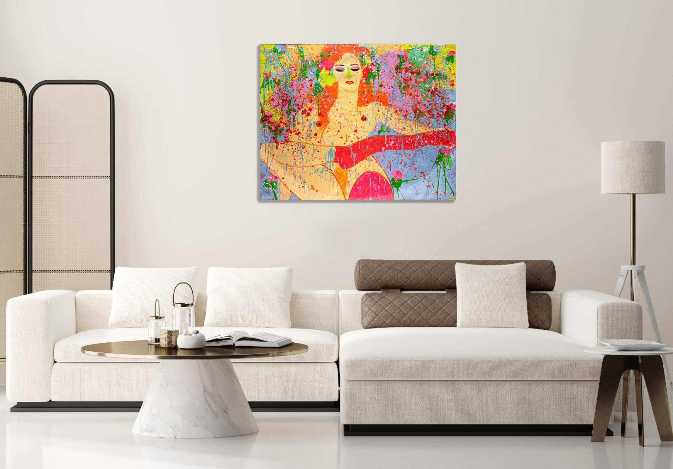 RKGHDCX Dipinti astratti famosi di Walasse Ting Poster e stampa su tela Voglio restare a casa stasera, 1974" Riproduzione di quadri famosi su Tela per soggiorno Decor 90x115cm(35x45in) Incorniciato