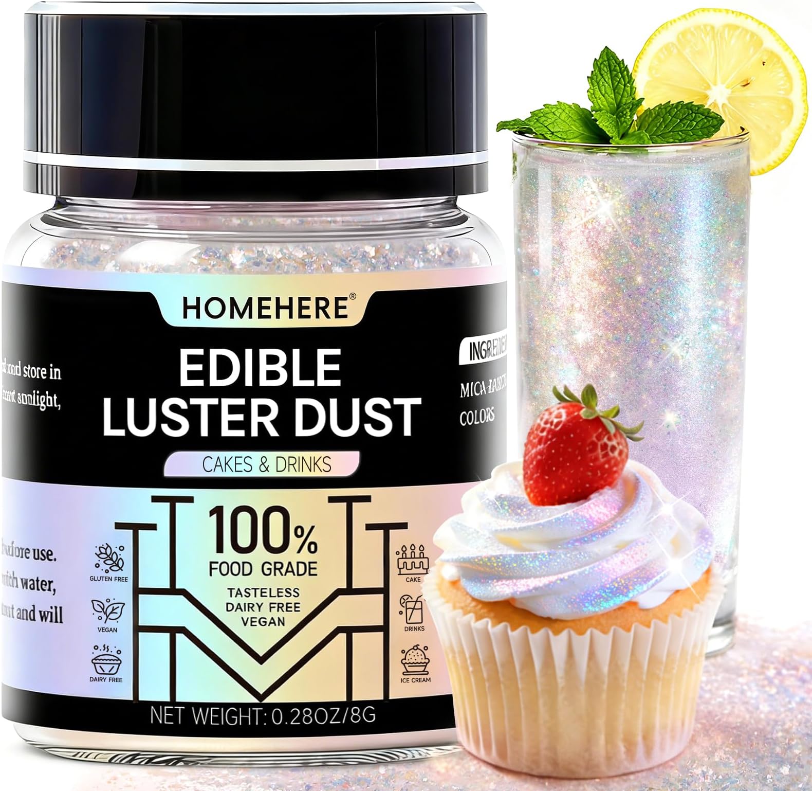 HomeHere Edible Luster Dust Food-Grade Glimmer Powder Glitter for Cake Decorating 15g, Edible Sprinkle Glitter for Cocktails Drinks Baking Candy Dessert Chocolate Vegan Tasteless