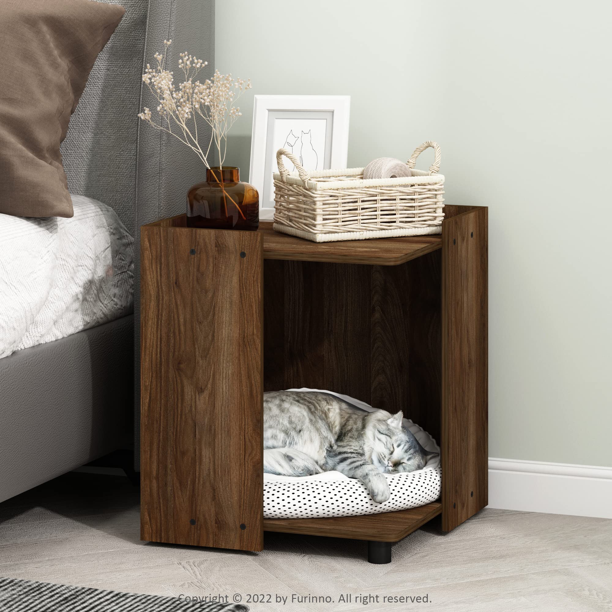 Furinno PELI Side Table, Square End Table with Storage Shelf, Night Stand, Bedside Table, for Living Room, Bedroom, Columbia Walnut