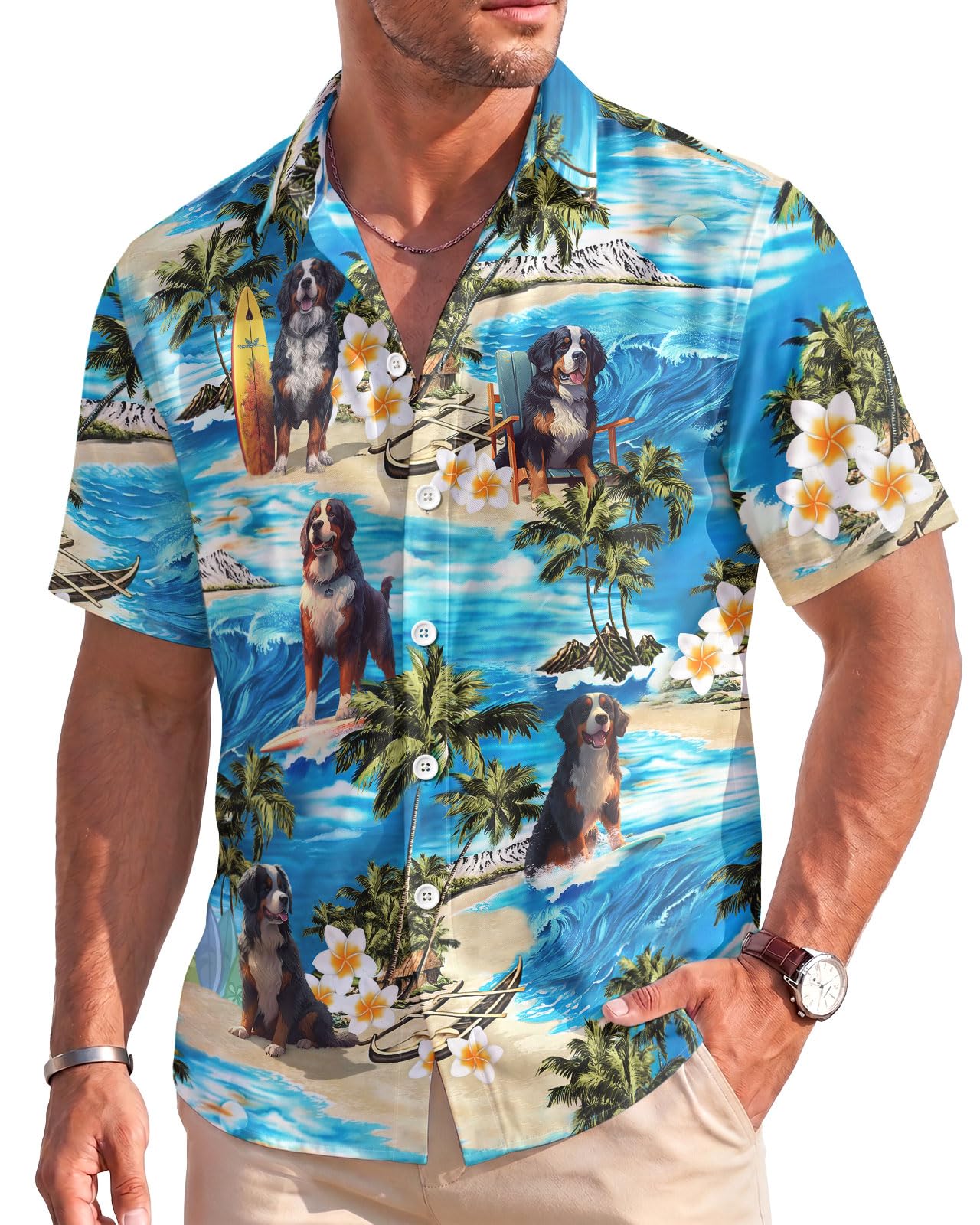 GEPOS Dog Men's Button Shirt, Tropical Dog Hawaiian Shirt for Unisex, Summer Birthday Gift for Men, Beach Men's T-Shirt, Bernese Mountain Surfing, 4XL