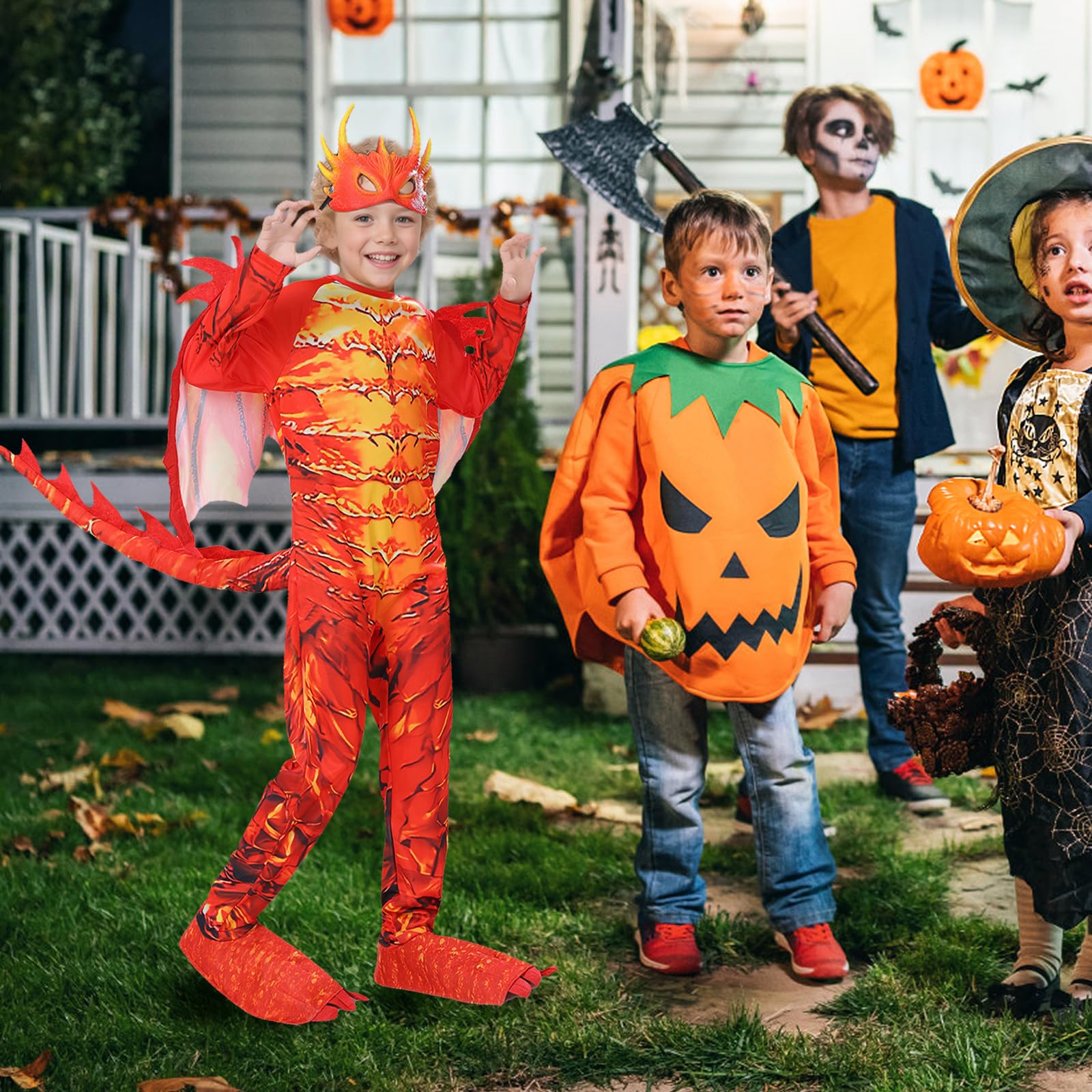 Kind Jungen Drachenkostüm, 110/120/130 Kostüm Drache Kinder, Drachenflügel, Maske, Drachen Jumpsuits, Weihnachten Party Halloween Carnival Cosplay Kostüm für 4 5 6 7 8 Jahre Kinder