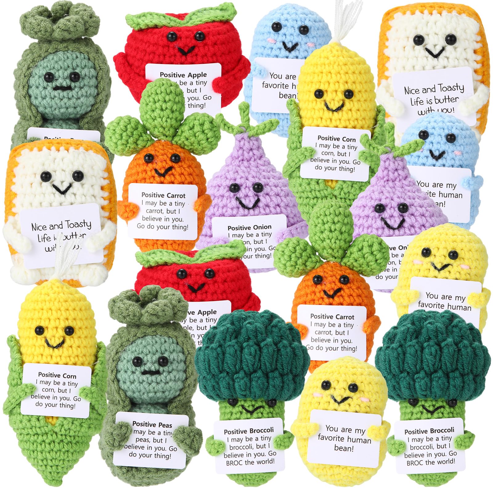 Photo 1 of VioraWhite 18 Pcs Positive Vegetables Emotional Dolls Bulk Support Encouragement Emotional Knitted Crochet Gifts with Positive Words for Friends Coworker Decorations for Home Office