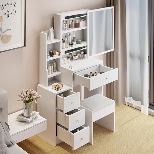 29.2" Small White Make Up Vanity, Dressing Table with 4 Drawer, 6 Level Storage Dresser with Extra Large Right Sliding Mirror