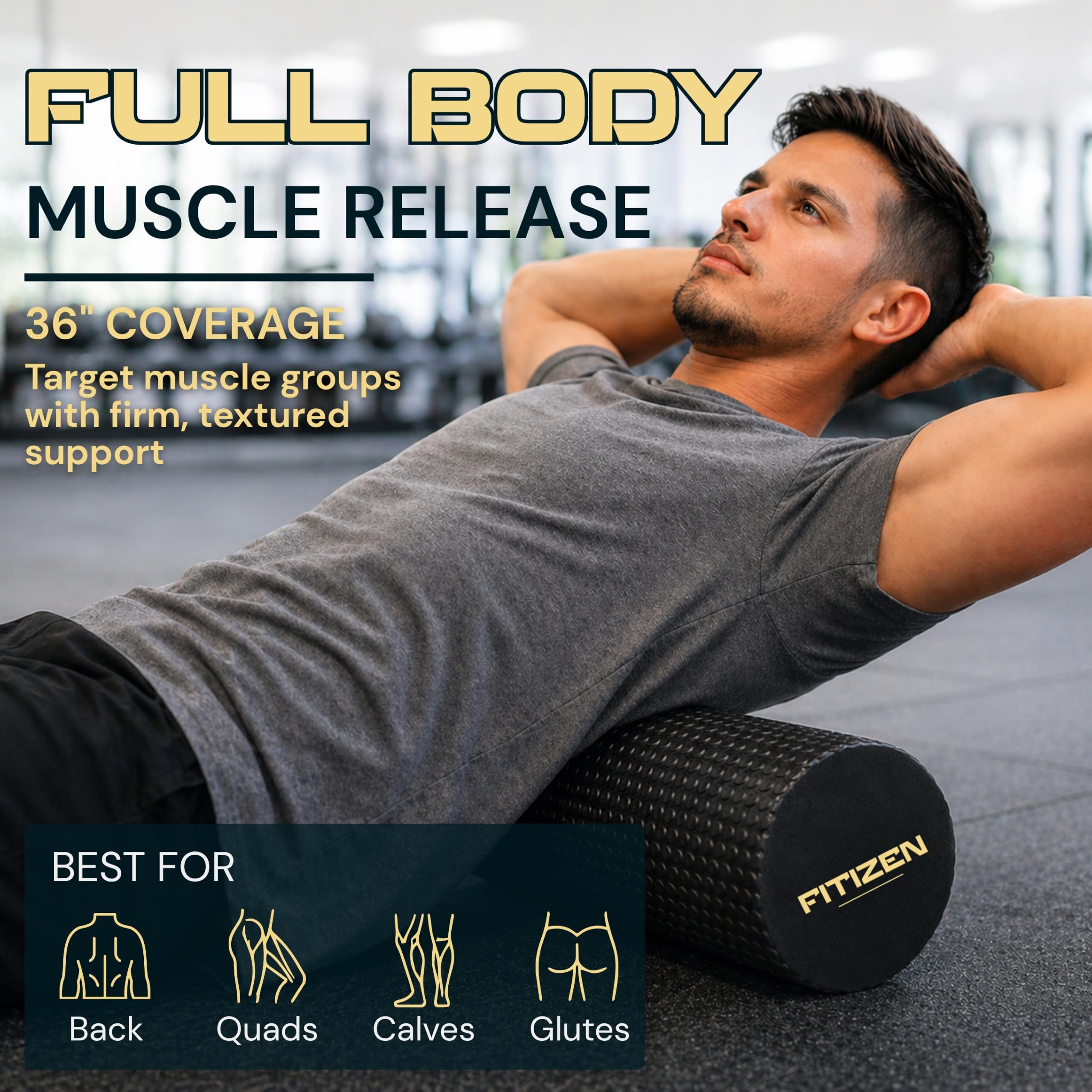 Fitizen Schaumstoffrolle – Muskelmassage, Reha, steife Rückenschmerzen, Physiotherapie, tiefes Gewebe, festes Trainingsgerät, Zuhause, Fitnessstudio, Stress, Yoga, Pilates (schwarz, extra groß, 91,4 x