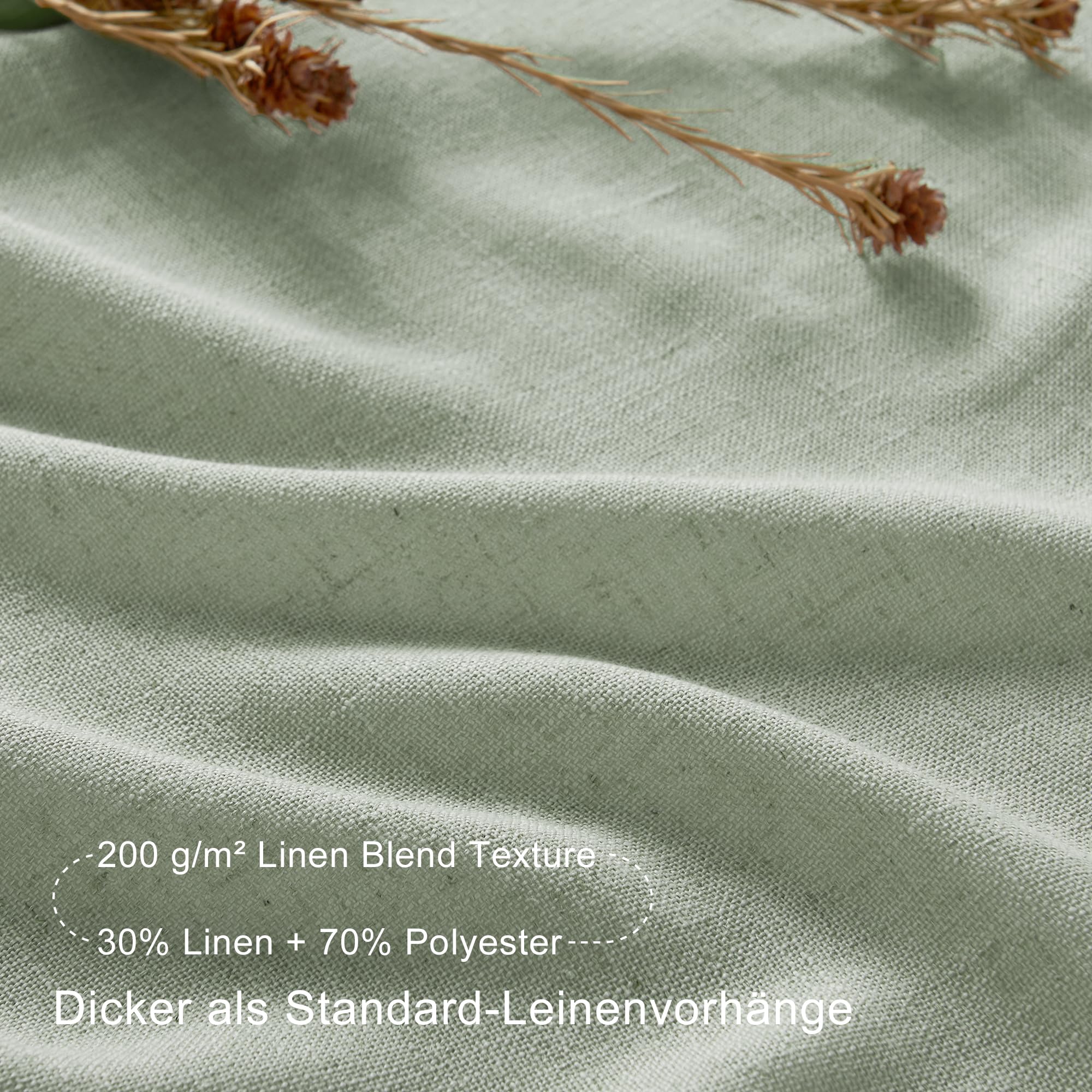 NICETOWN Grün Vorhänge Leinenoptik Boho Gardinen Halbtransparent mit Ösen | Graugrün, H245 x B140 cm, Halbdurchlässig, 2er Set, Leinen Gardine, Passend für Wohnzimmer und Schlafzimmer, Sichtschutz