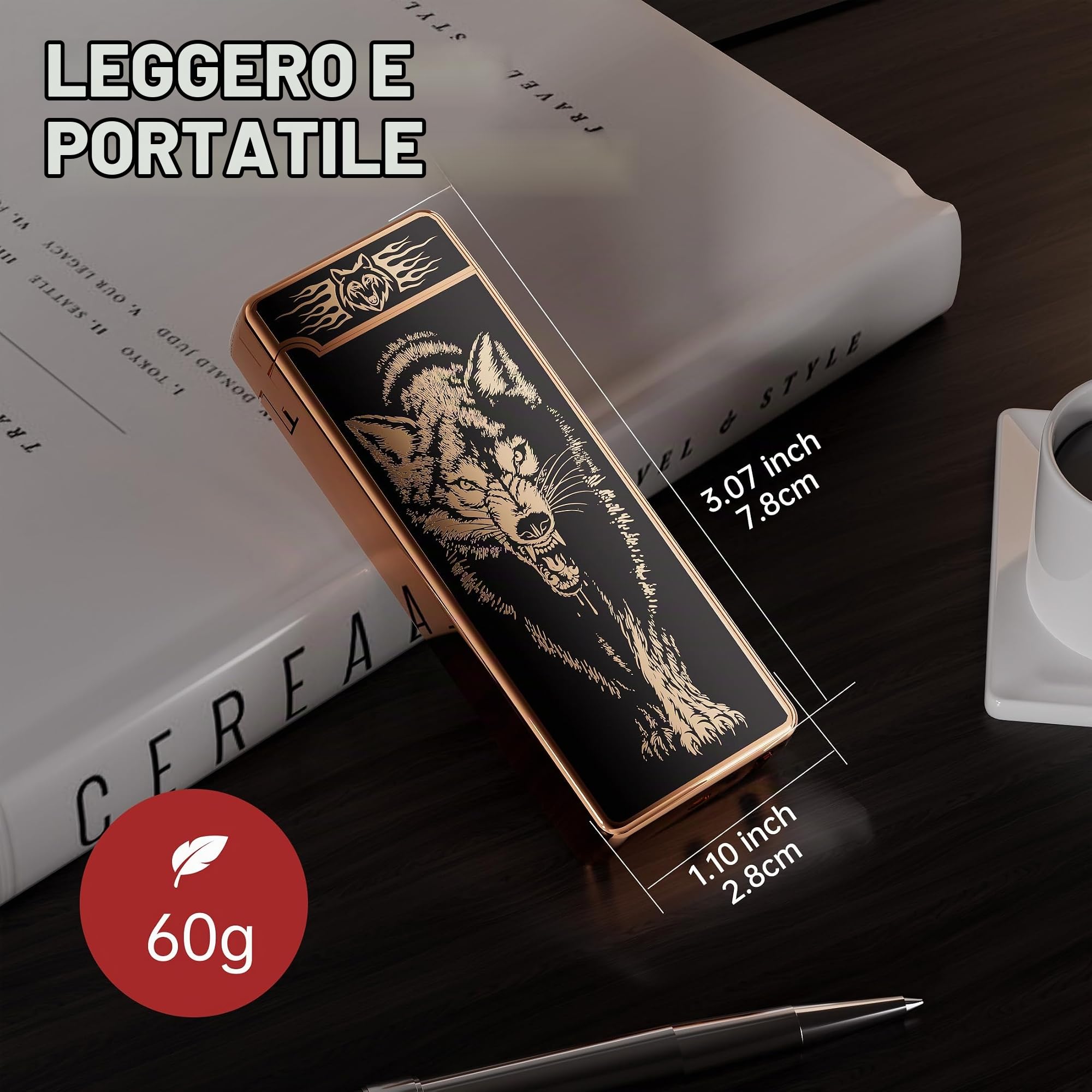 Regalo accendino elettrico, indicatore della batteria, accendino USB al plasma, ricaricabile, antivento e fiamma, doppio arco con indicatore della batteria per candele/barbecue (lupo)