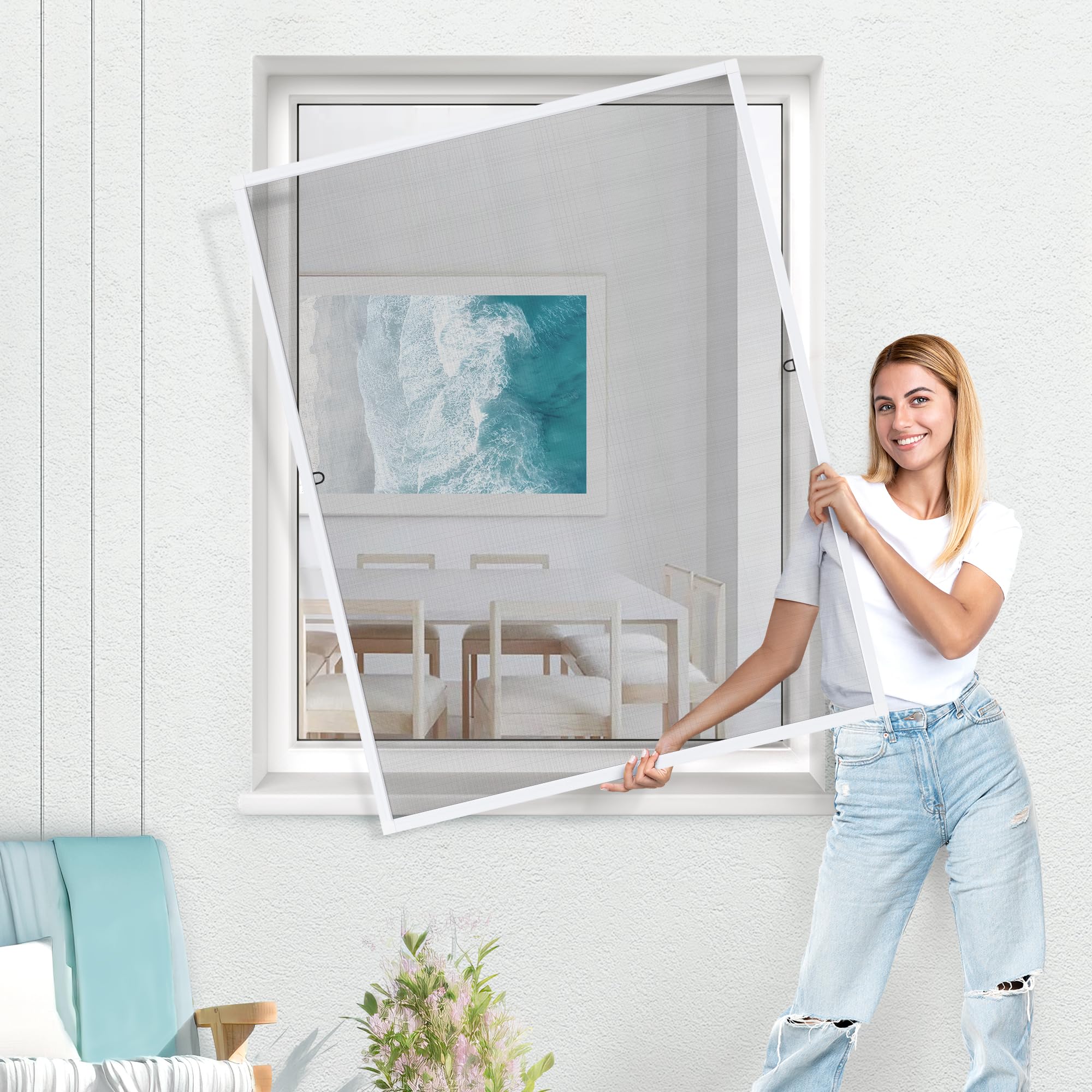 jarolift Mosquitera para Ventanas SlimLine, Montaje sin Perforación, con Marco de Aluminio, 120 x 150 cm, Color Blanco