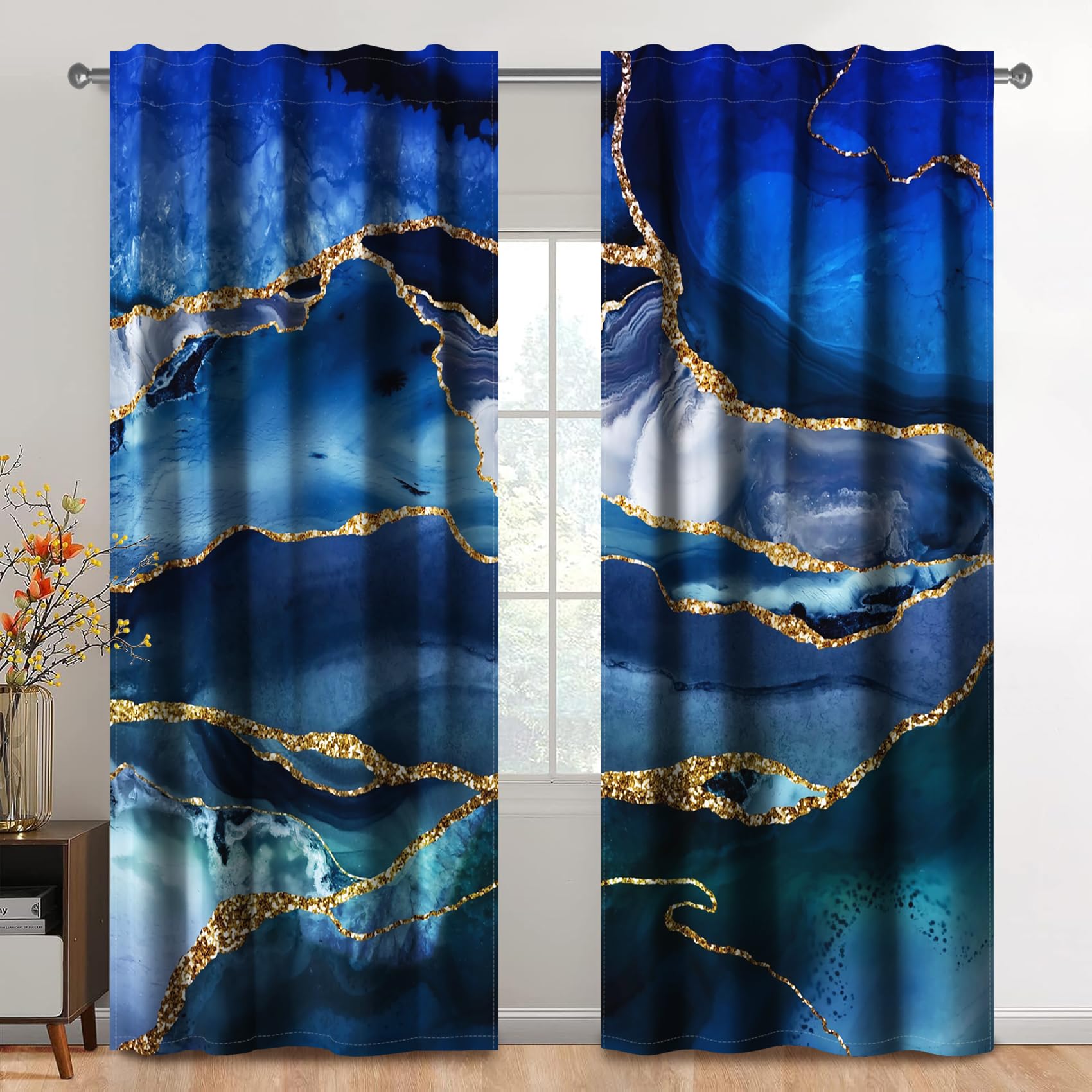 Kzzfqxb Luxury Marble Curtains Blue Golden Waves Gilding Cudding Clouds Living Room Bedroom Drape, 132×214cm 2 Panels - Image 2