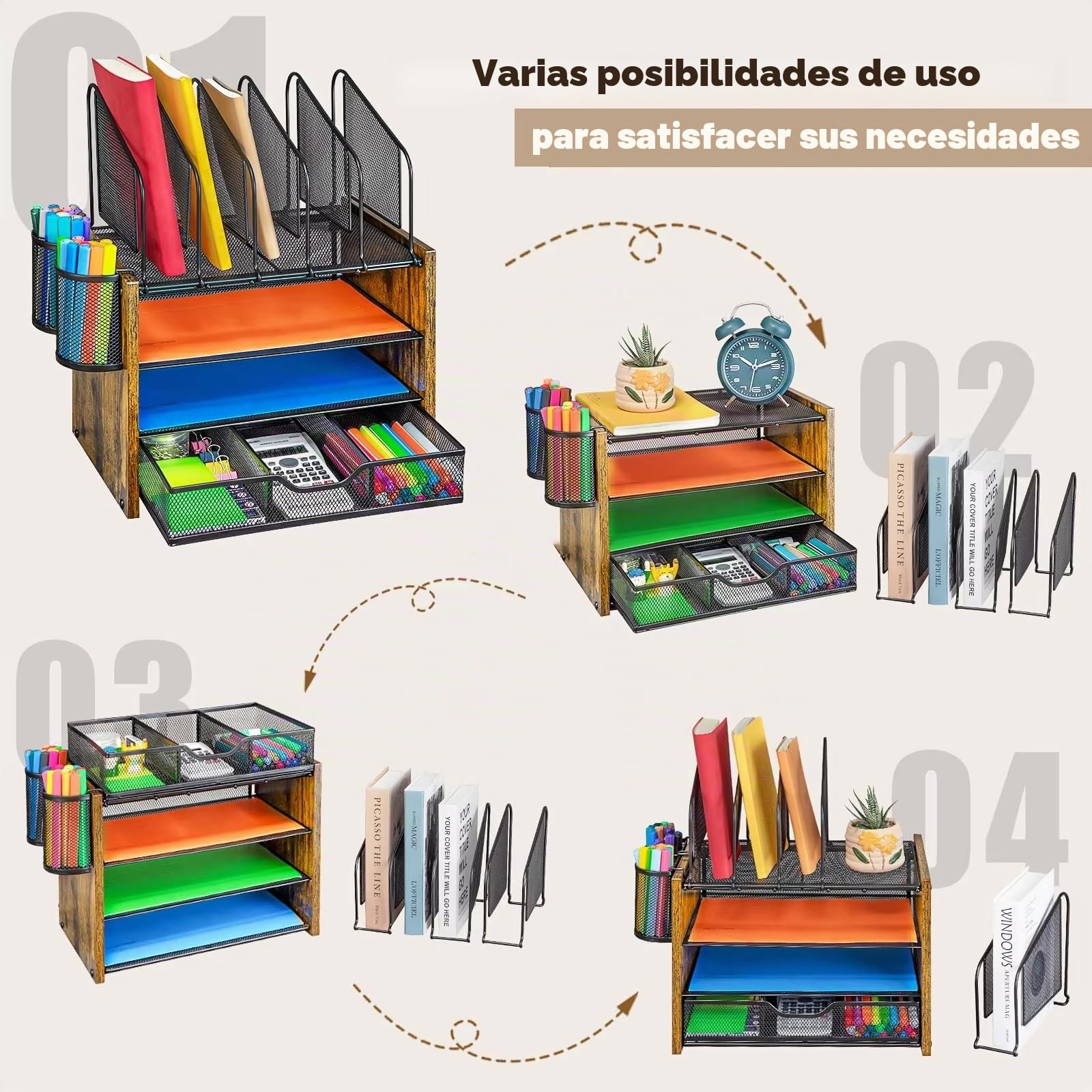 Organizador de escritorio de malla de 4 niveles de madera y metal, negro A4 con cajón y 2 soportes para bolígrafos, bandeja de documentos