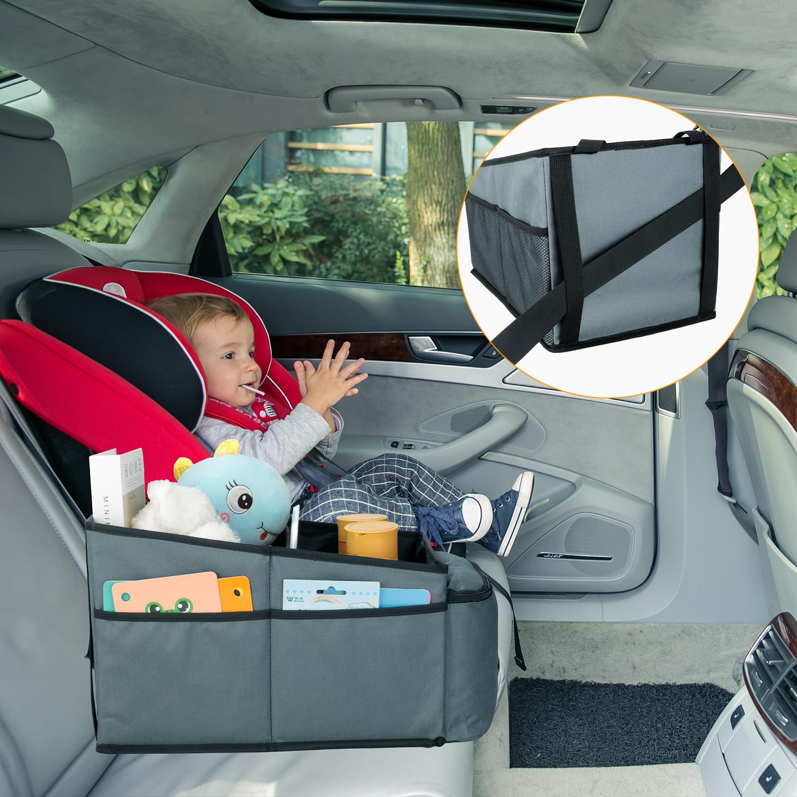 Cozary Organizer Auto, Pieghevole Organizzatore Sedili Auto con Cinture di Sicurezza & Portabicchieri, Organizer Macchina Per Giocattoli, Libri, Snack, Grigio scuro