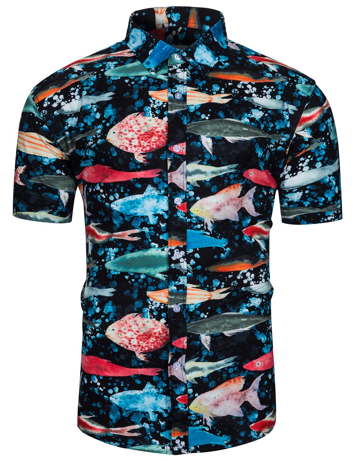 TUNEVUSE Camicia Hawaiana da Uomo con Pesci a Maniche Corte Tropicale da Spiaggia con Bottoni Nera XL