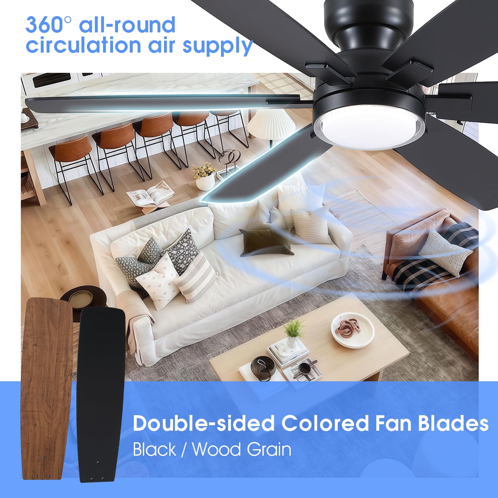 Kviflon Ventilador de techo rústico 132 cm con luz, montaje empotrado bajo, control remoto y APP, 6 aspas reversibles dobles, luz LED regulable 3 CCT para salón y estilo granja, marrón