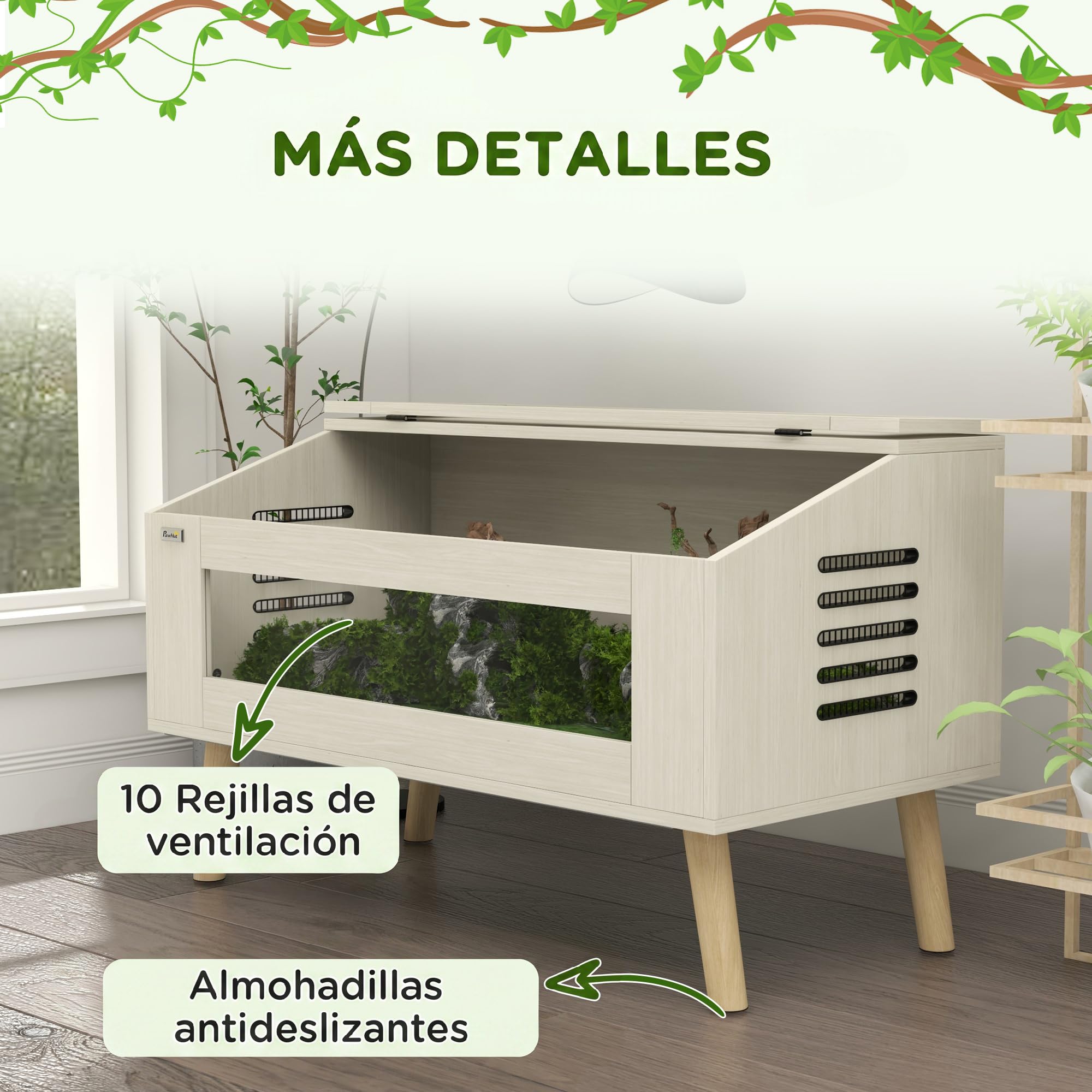 PawHut Terrario para Reptiles con Tapa Abatible, 100x50x60 cm Roble