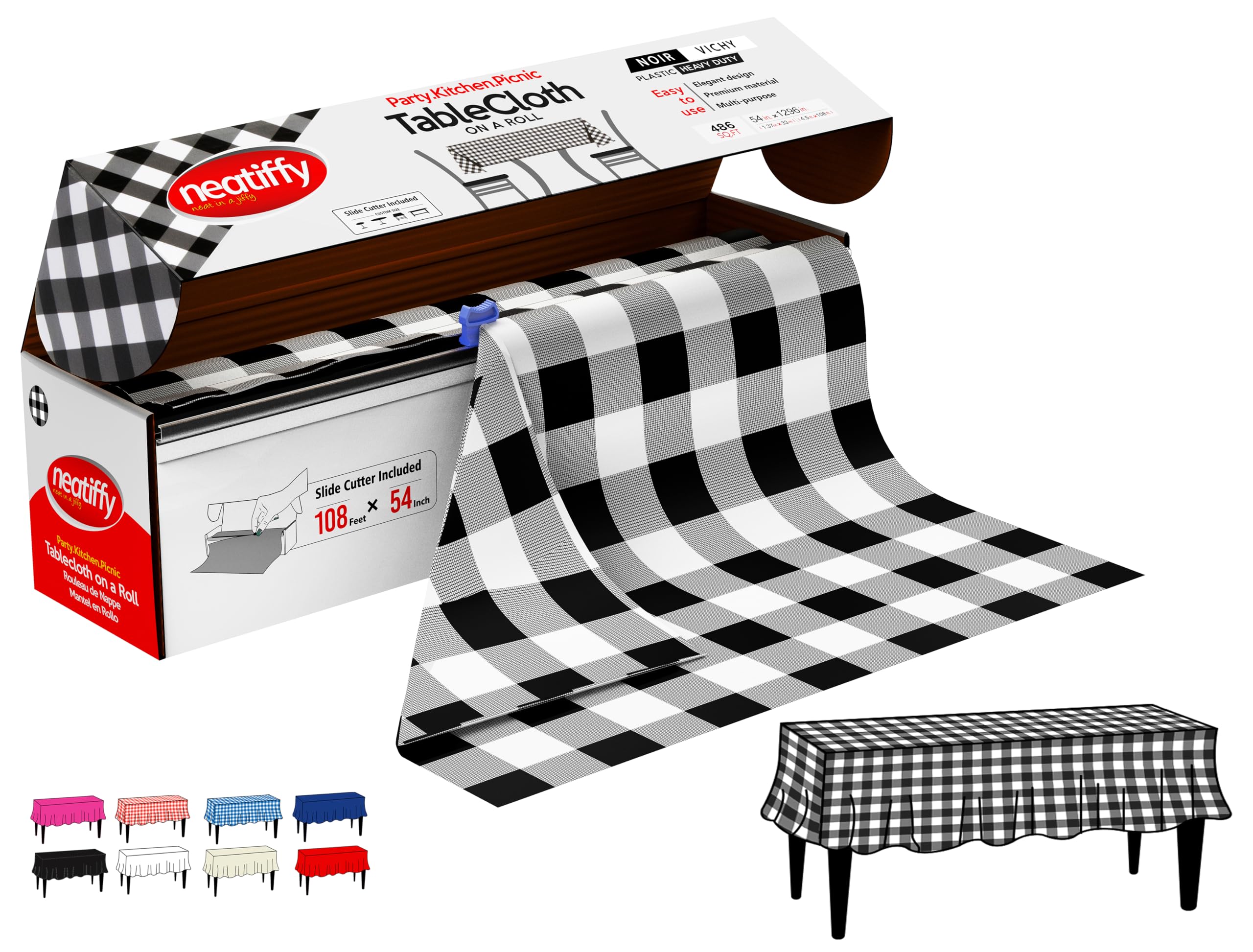 Neatiffy Disposable Plastic Table Cloth Roll | 54 in x 108 Ft Waterproof Tablecloth | Table Cover for Rectangle, Square, Round Oval Tables | Picnic, Party, Banquet, Birthdays, Weddings, BlackCheckered