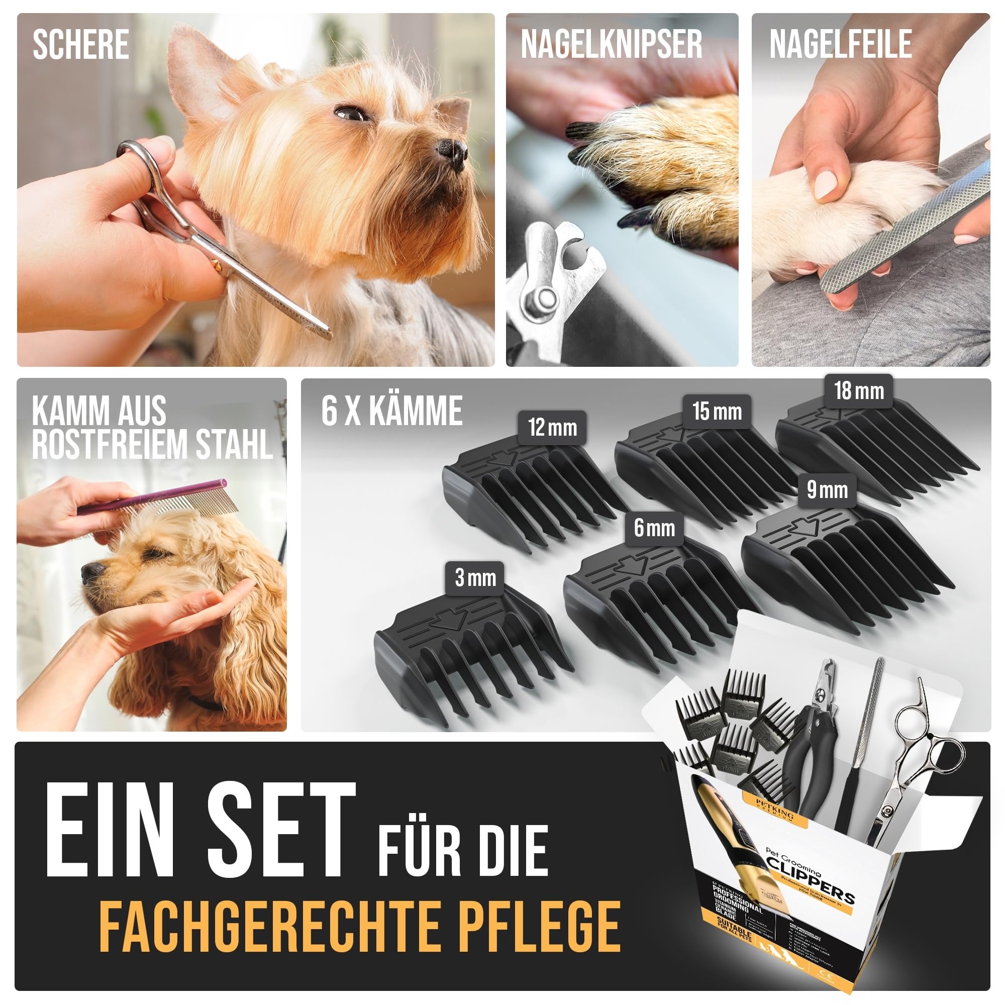 PetKing Premium Hundeschermaschine Profi – Leise Kabellose Tierhaarschneidemaschine mit Titanklinge für Hunde & Katzen, Langhaar, dickes & verfilztes Fell, Hund Katze Schermaschine Set