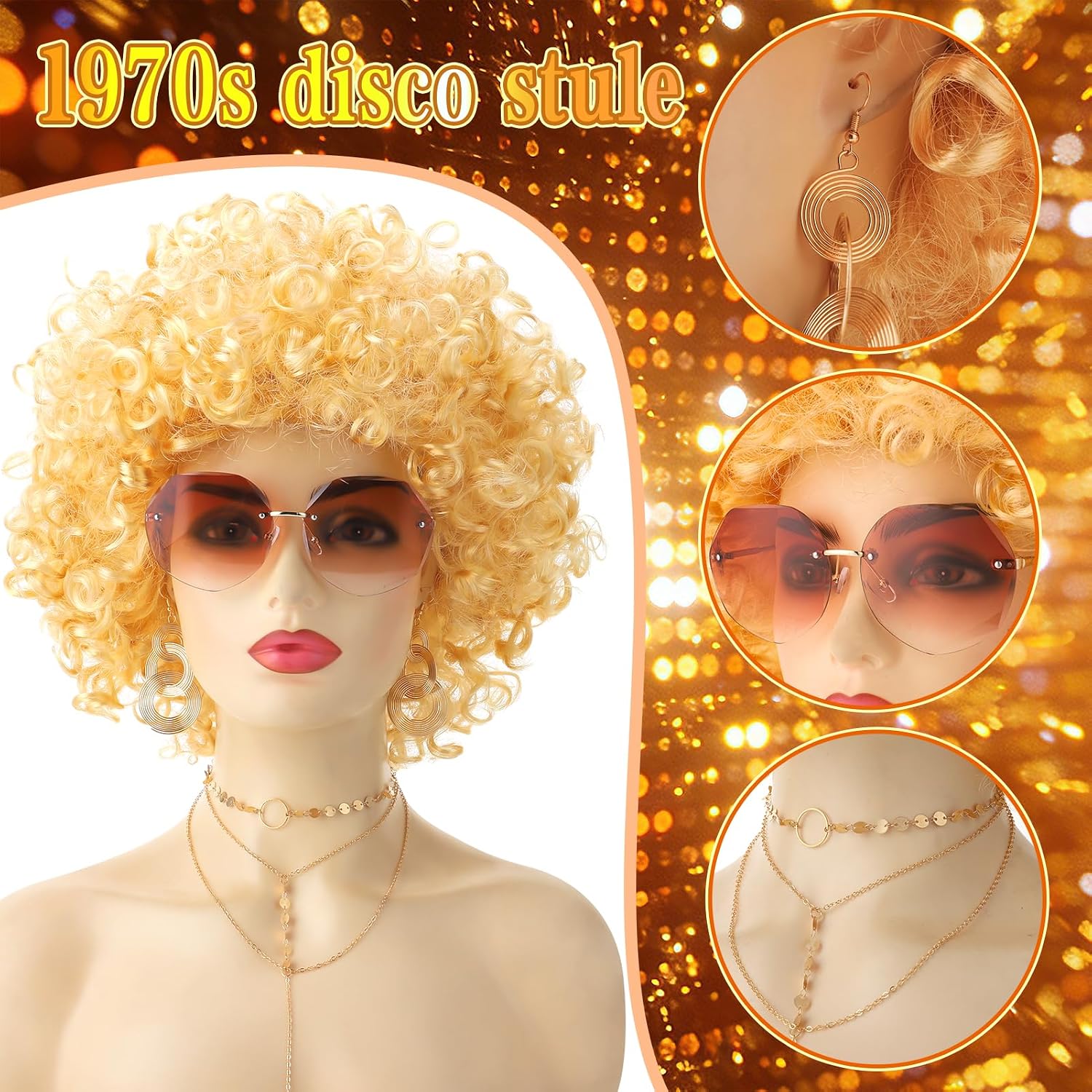 JATEBI 70s Disco Accessory Set for Women - 8 Pcs Retro Gold Jewelry Set with Blonde Afro Kinky Curly Wig with Sunglasses, Bracelets &Necklace for Halloween Party Costume