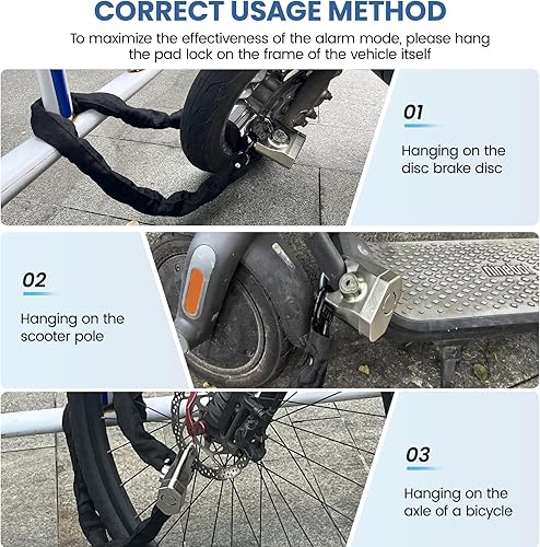 Miniatura 5 de Candado de cadena para bicicleta con alarma de 130 dB, cerraduras de motocicleta resistentes antirrobo, 3.3 pies, cadena de acero endurecido de