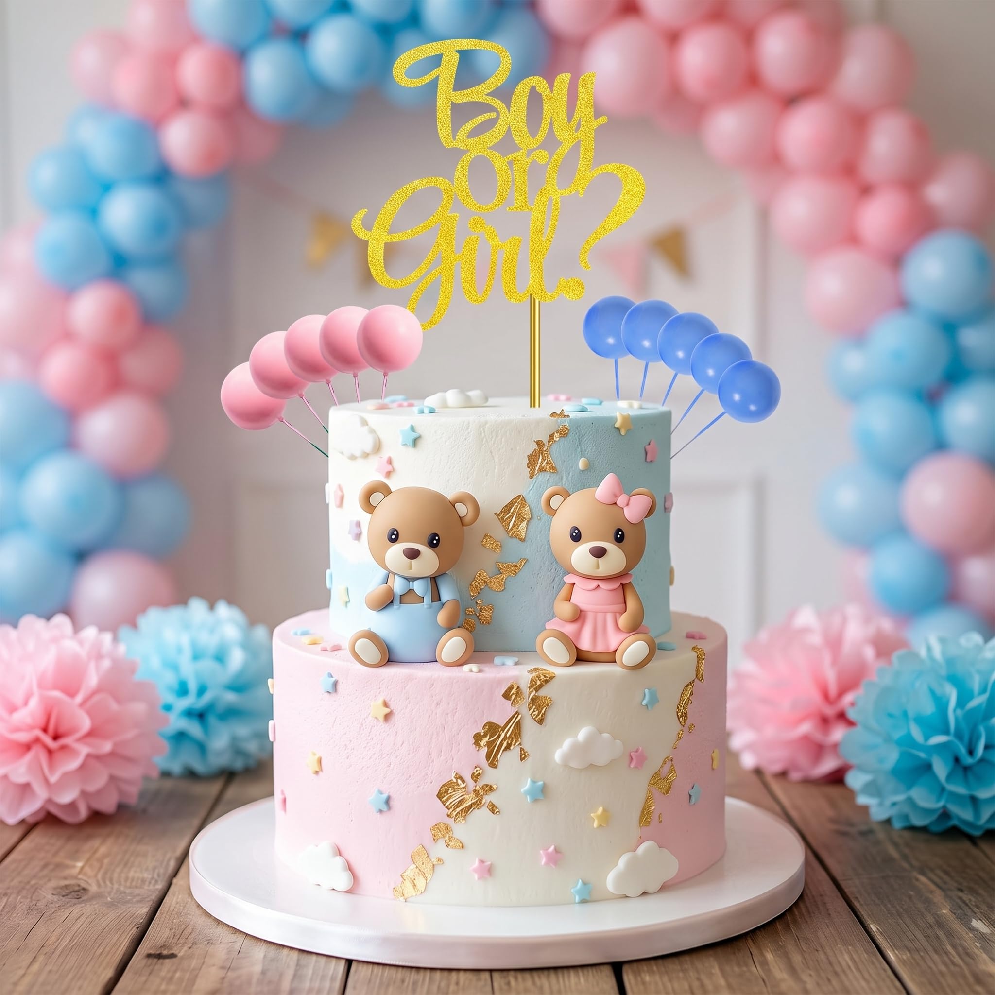 LaVenty Gender Reveal Cake Toppers Boy or Girl Teddy Bear Cake Decoration