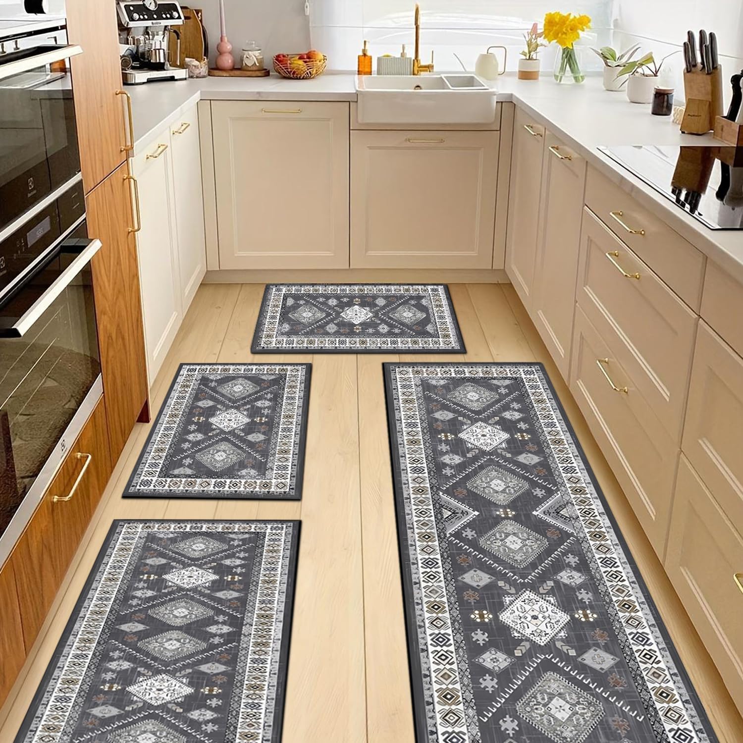 SIPIHA Boho Kitchen Rugs Sets 4 Piece with Runner Floral Kitchen Floor Mat Carpet Farmhouse Kitchen Rugs and Mats Non Skid Washable Runner Rug for