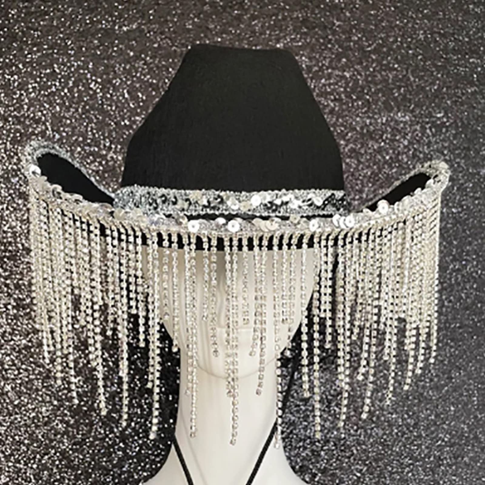 Cappello da cowgirl per adulti cappello da cowboy con paillettes strass frangia adatta alla maggior parte delle donne per feste a tema nero bianco