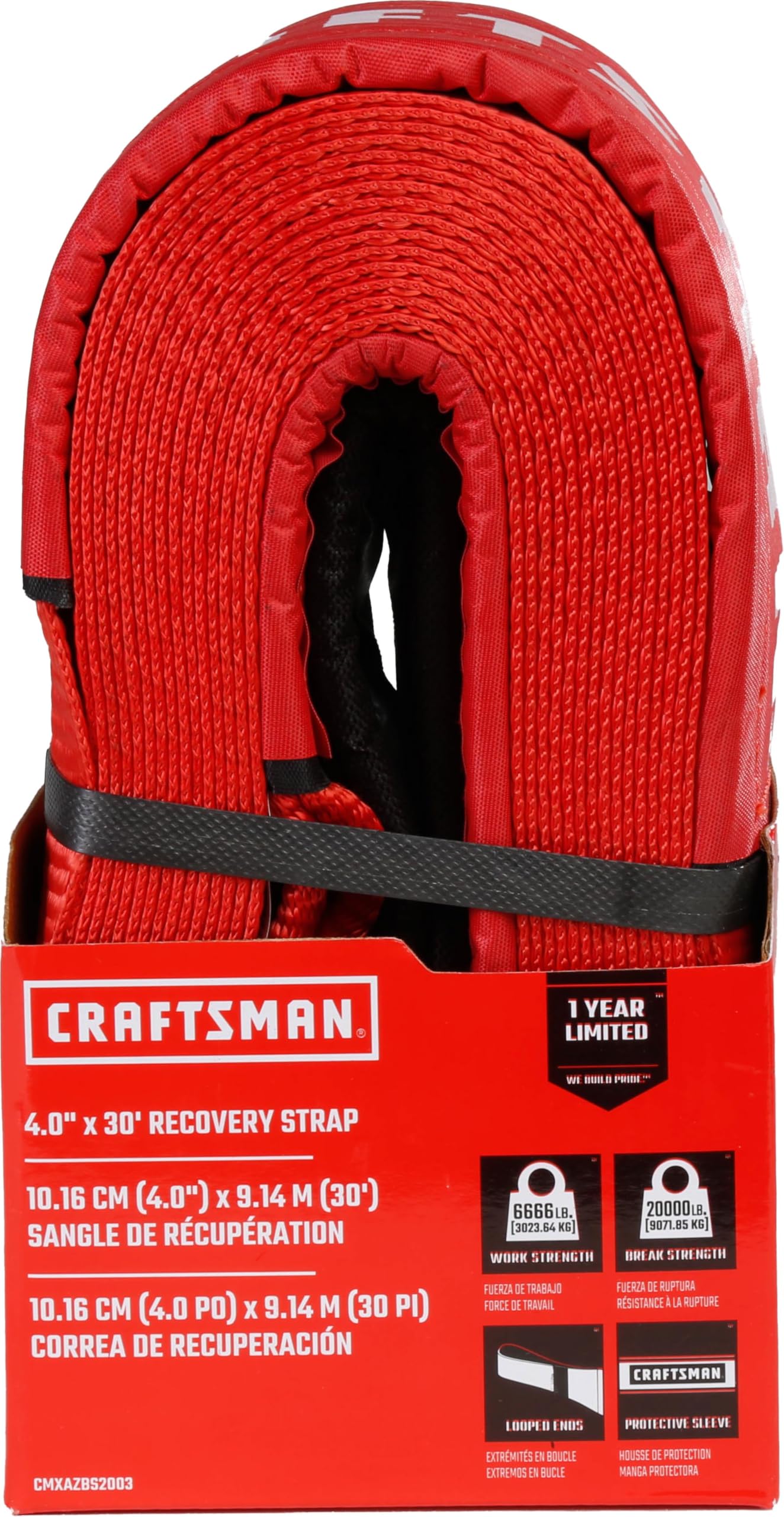CRAFTSMAN CMXAZBS2003 - Cinghia di traino resistente per recupero, con estremità ad anello, carico sicuro da 3 kg, resistenza alla rottura, 9 kg, colore: Nero/Rosso