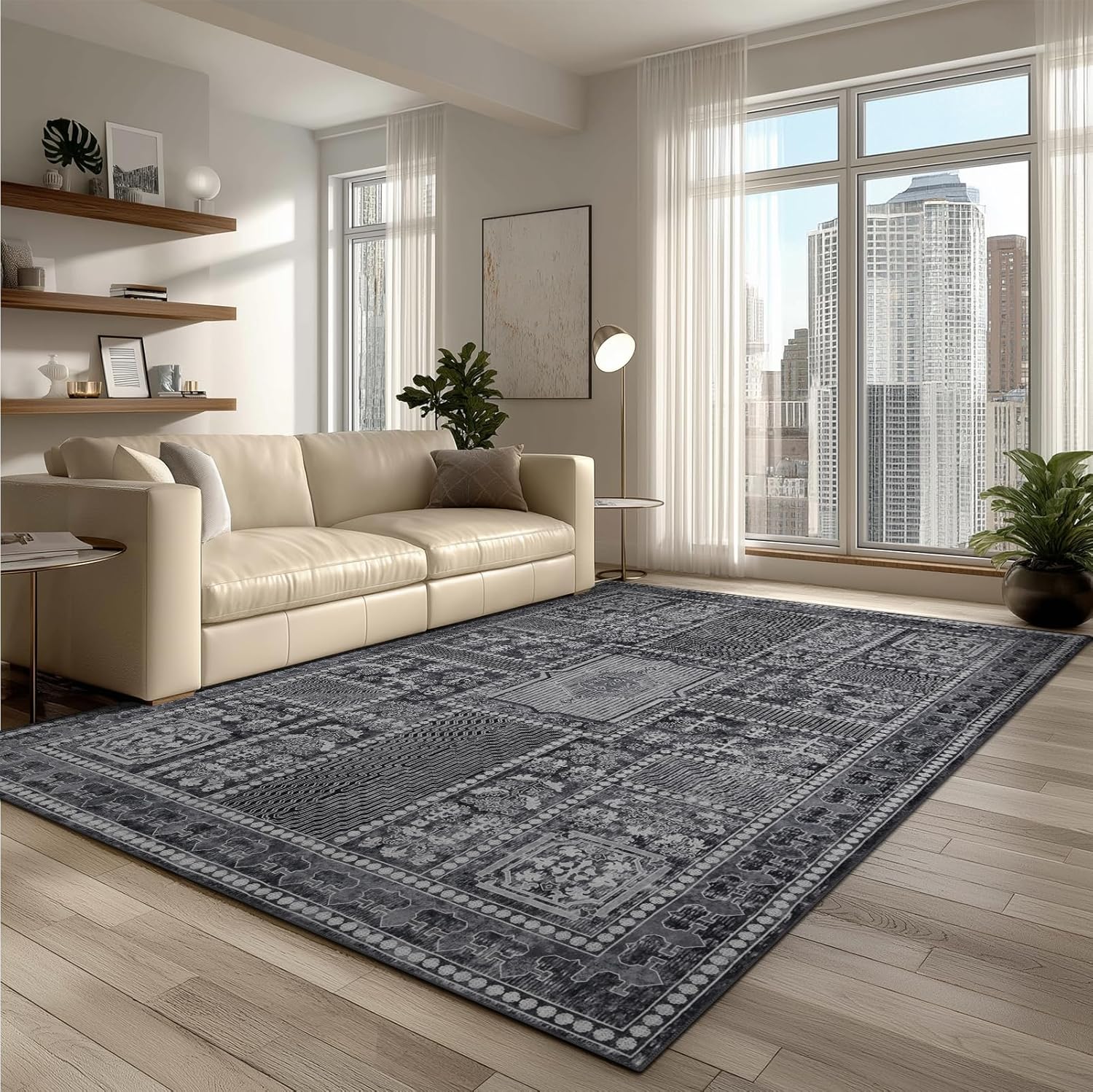 Washable Area Rugs 8x10, Large Rugs for Living Room, Carpet for Bedroom, Soft Faux Wool Retro Dining Room Rug, Non-Slip Backing Resistant Low Pile Vintage Print Rug for Home Office (Grey) Grey 8' x 10' (Rectangular)
