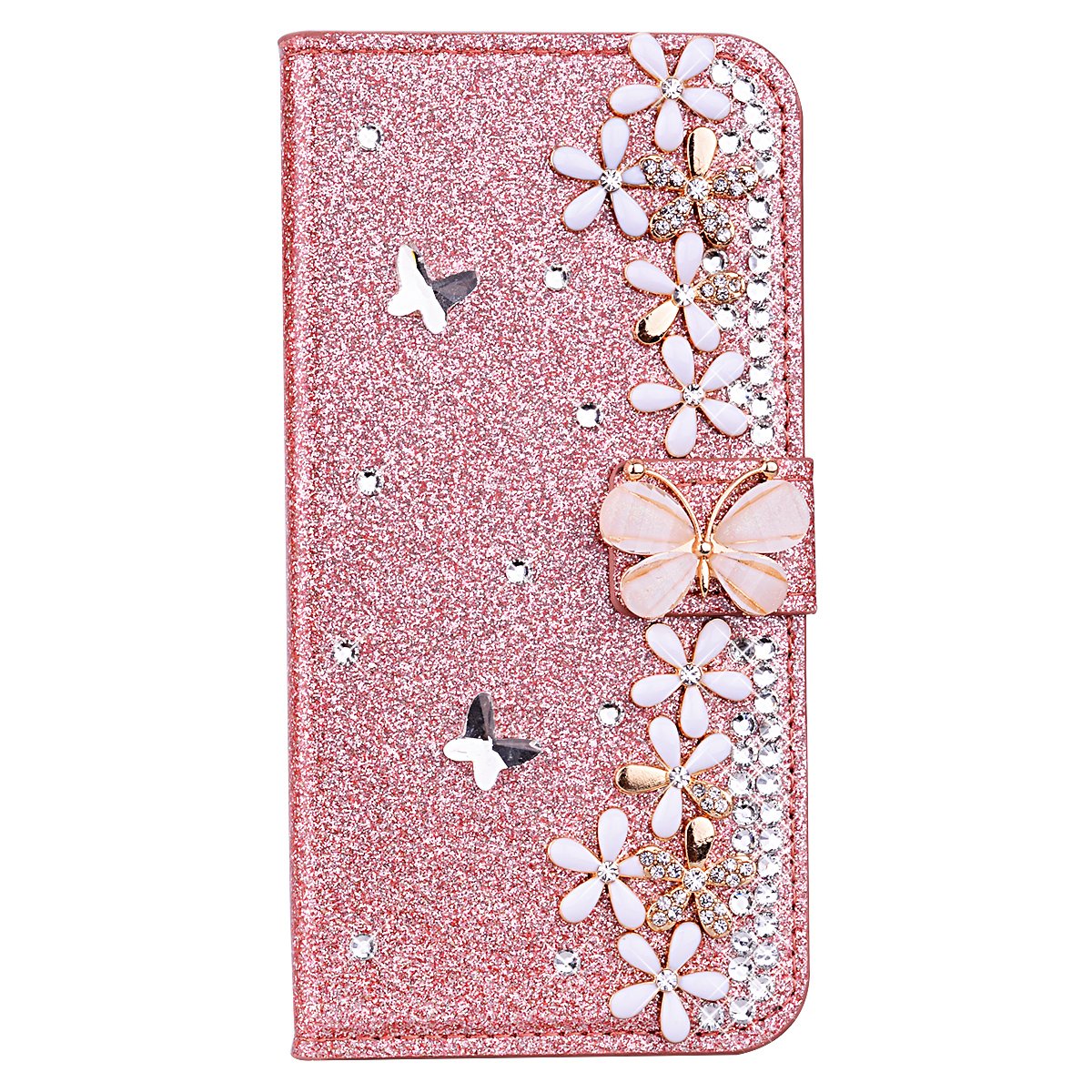 Custodia Portafoglio Con Glitter E Strass Per Google Pixel 6 Pro - Flip In Pelle PU Oro Con Cuore 3D - Lady - 3