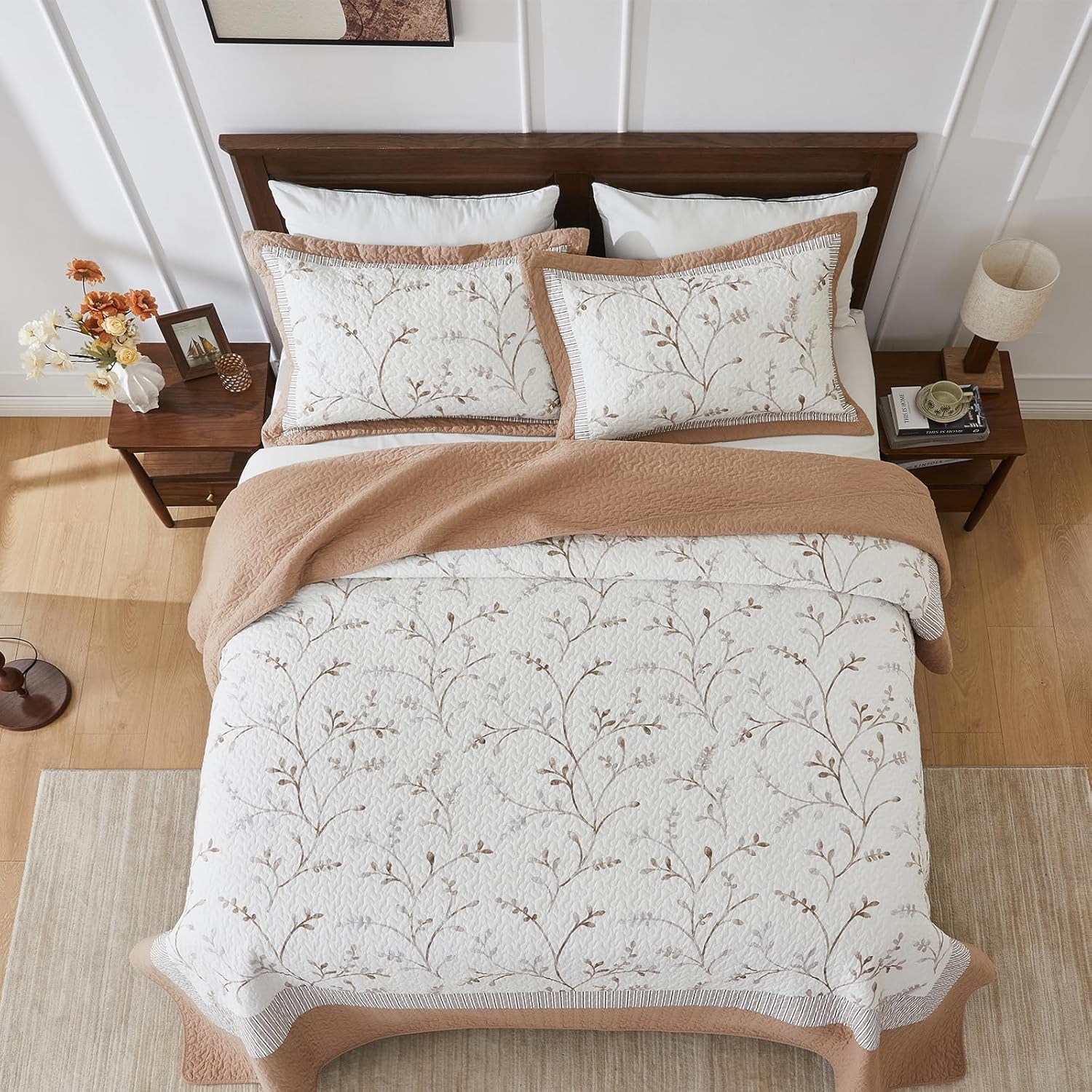 EWlinens 100% Cotton 120"x120" Oversized King Bedspread - Modern Floral Extra Wide Quilts King Size, All Season Lightweight Stripe Patchwork Quilt Bedspreads Coverlet Set, 3 Pieces, Brown/White