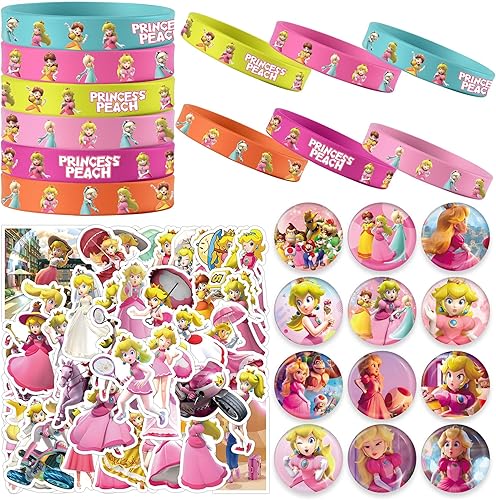 Suministros de fiesta de cumpleaños de princesa melocotón, recuerdos de fiesta de melocotón de princesa incluyen 12 pulseras, 12 pines de botón, 50