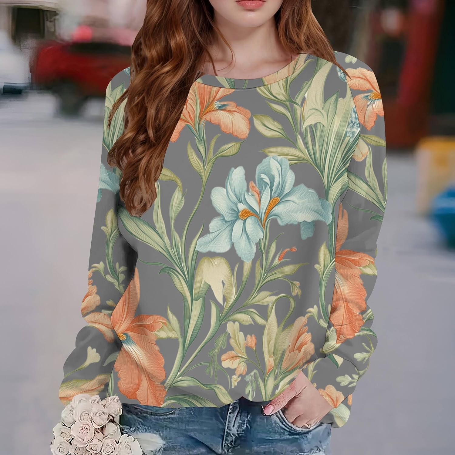 Womens Fall Floral Print Tops Boho Graphic Sweatshirts Crewneck Fall Winter Fashion Casual Outfits Tops for Women - Image 2