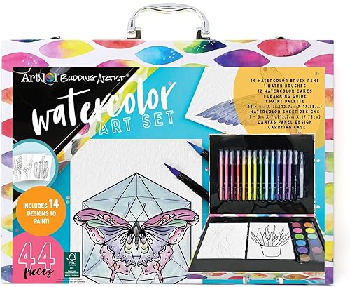 Art 101 Budding Artist - Juego de arte de acuarela de 44 piezas, 14 diseños para pintar