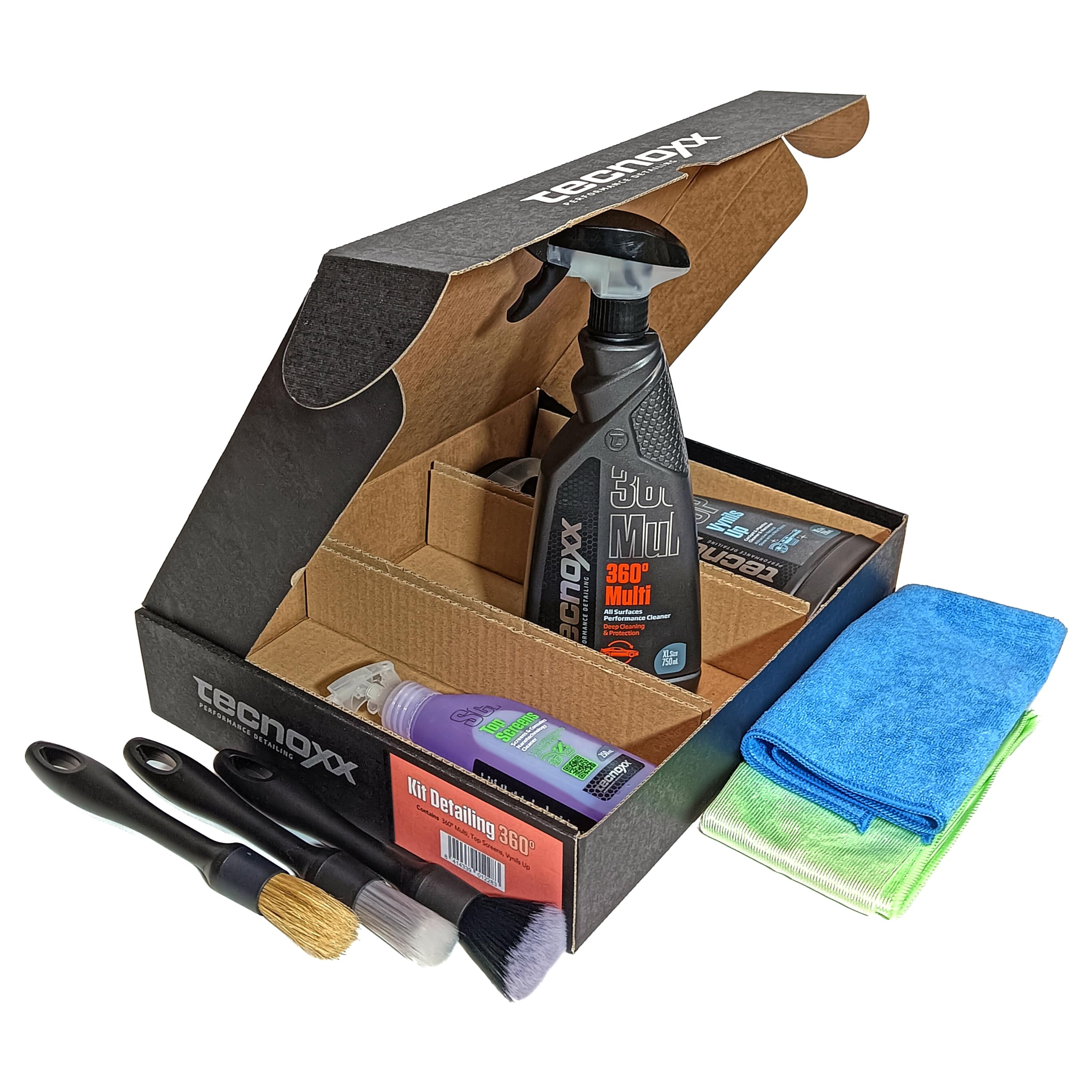 Tecnoxx - Kit Detailing 360 Set di 3 Prodotti per Pulizia Interna ed Esterna delle Auto con Idratante per Cruscotto Pulisci Schermi Touch Prodotto Multifunzione Set di Pennelli e 2 Panni in Microfibra